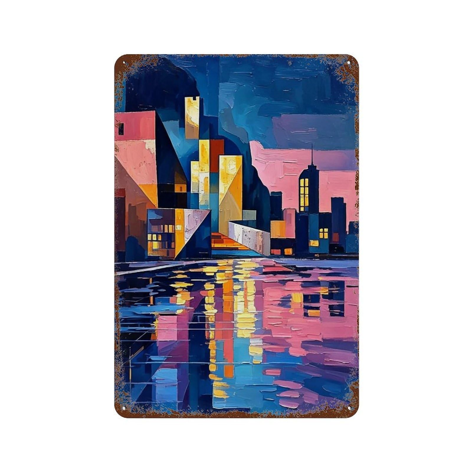 MGHTGRWE Cubist Waterfront Metropolis (2) Poster Wall Art Iron Vintage Metal Tin Sign Modern Home Cofffee Club Art Bar Shop Decor 30x20cm