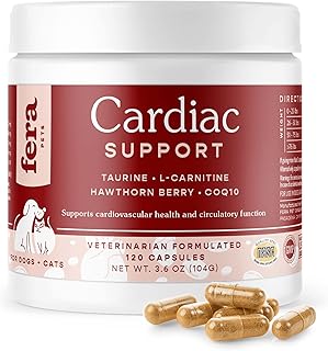 Fera Pet Organics - Cardiac Support Cat and Dog Supplement with Taurine, L Carnitine, CoQ10, Vitamin E, and Hawthorn Berry, Cat and Dog Vitamins for Heart Health, 120 Capsules