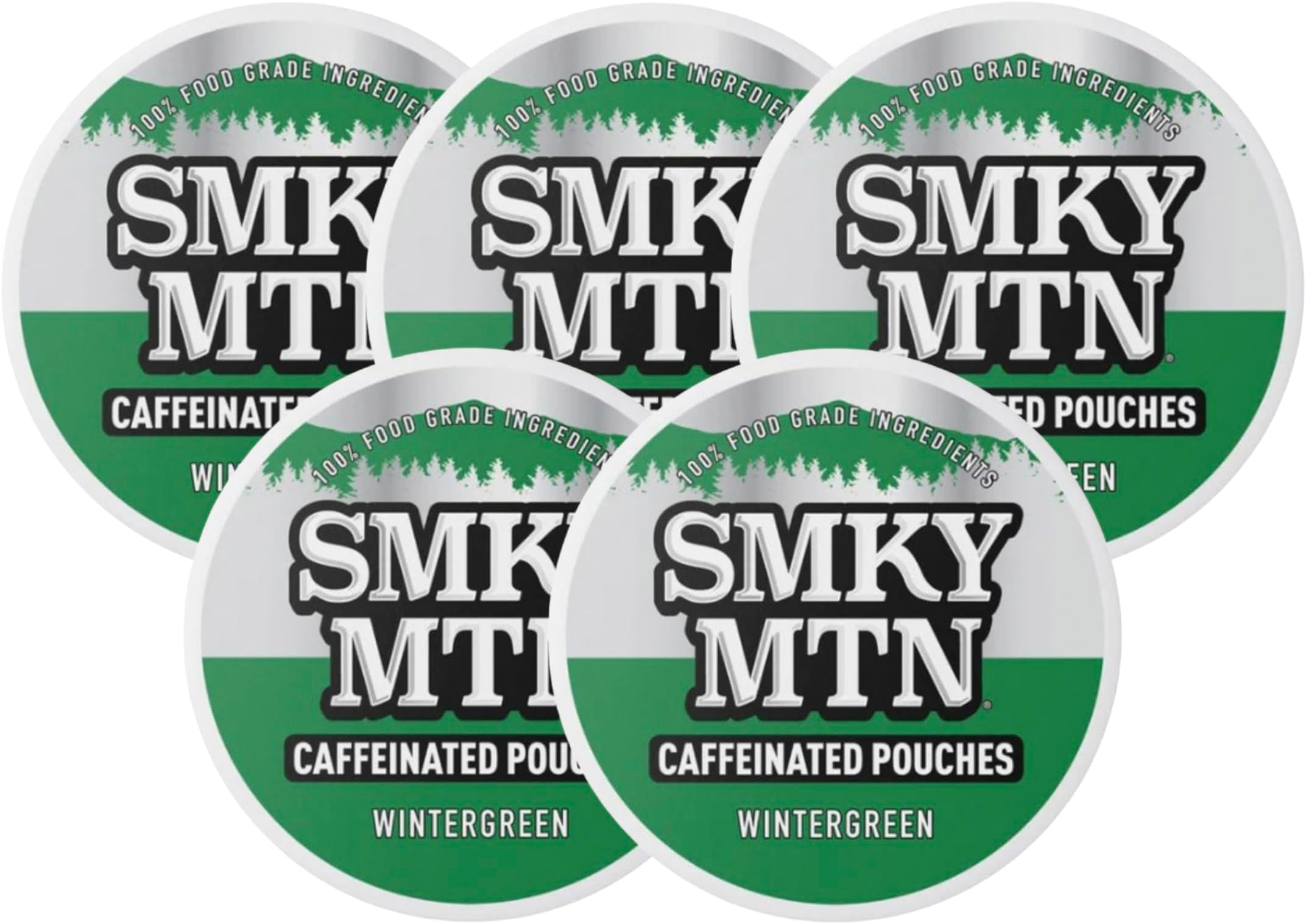 SMOKEY MOUNTAIN Caffeinated Pouches - Wintergreen - Tobacco Free and Nicotine Free - 5 Can Box - 15 Pouches Per Can