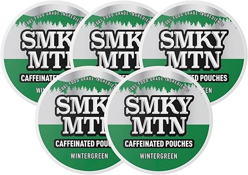 SMOKEY MOUNTAIN Bolsas con cafeína - Wintergreen - Sin tabaco y sin nicotina - Caja de 5 latas - 15 bolsas por lata