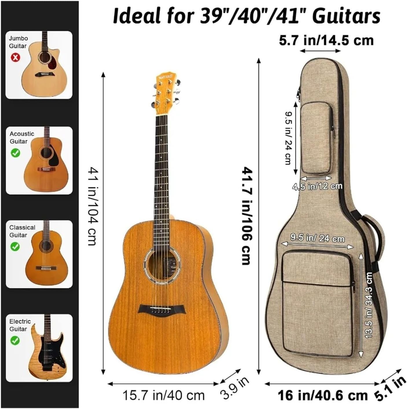 39 40 41 Inch Acoustic Guitar Bag WithThick Waterproof Padding Adjustable Shoulder Strap Case