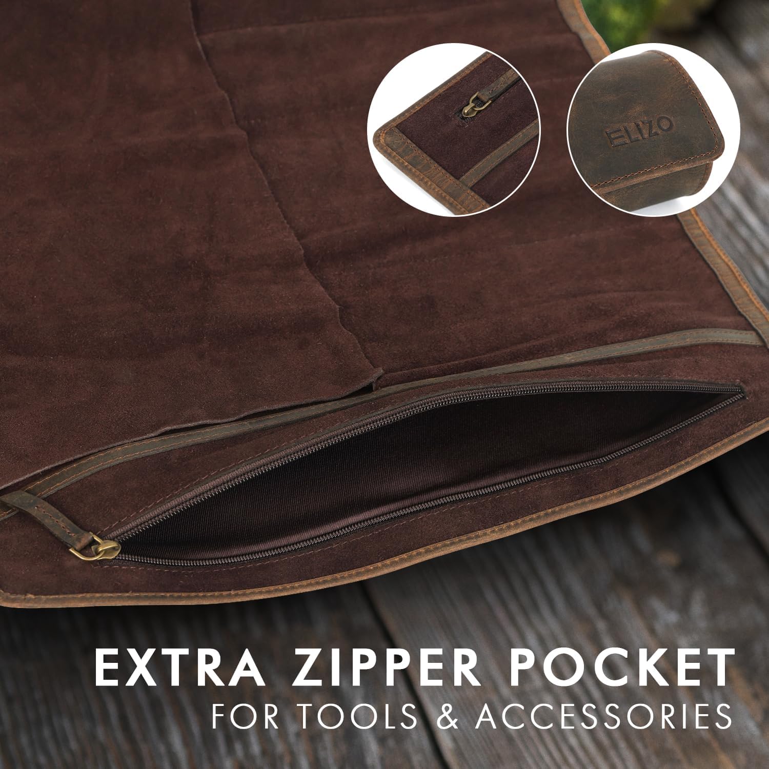 ELIZO Leather Knife Roll Chef Knife Bag Professional Chef Knifes Roll Bag Travel Storage Carrying Case Wrap Holder Sheath Kitchen Carrier Protectors Sleeve Tool Chefs Gift Grizzly