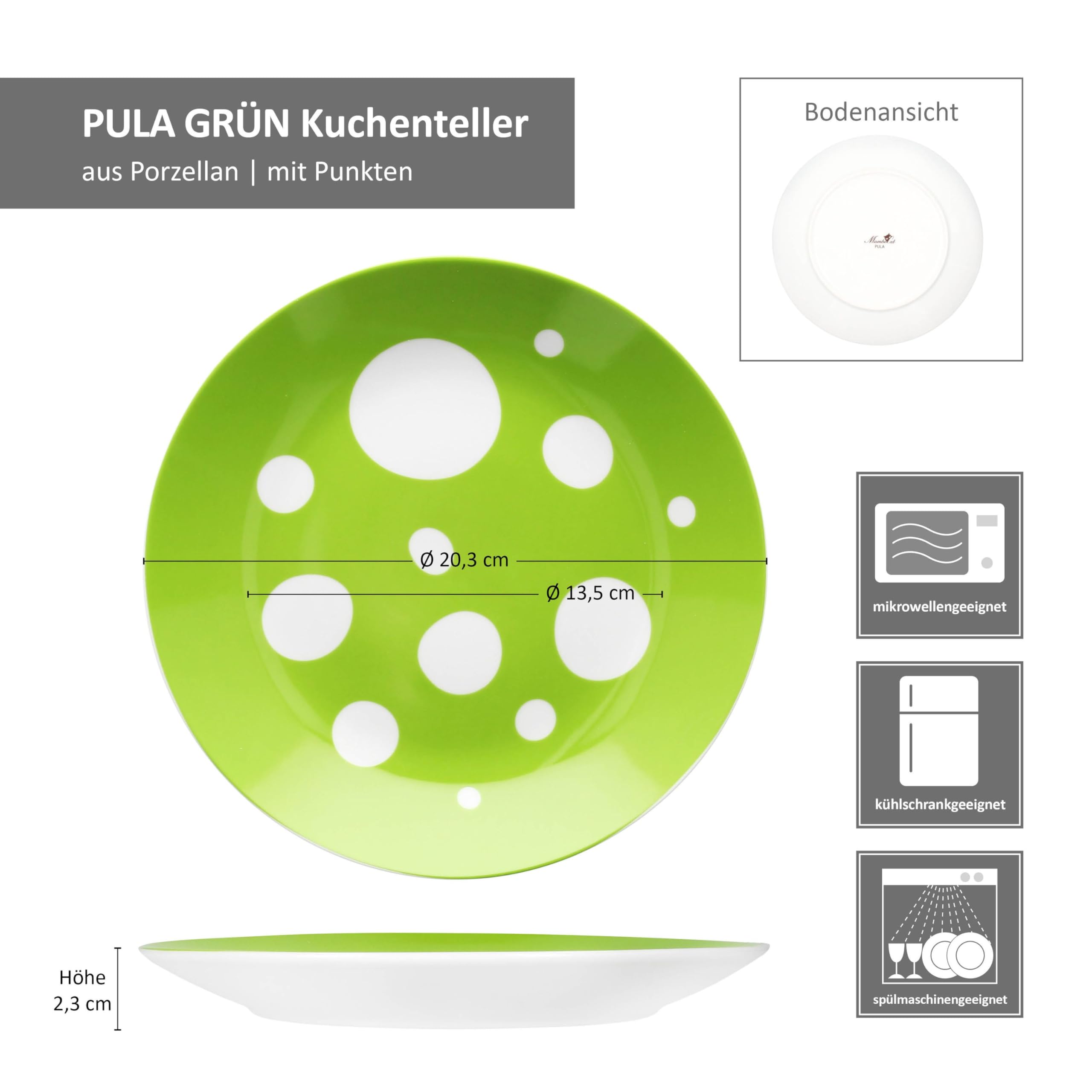 MamboCat Pula grün 6er Set Kuchenteller I weißes Porzellan-Frühstücksteller mit Punkten für 6 Personen I kleine Teller für Salat, Dessert, Fingerfood & Co.