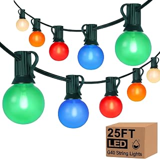 25Ft LED Multicolor String Lights Outdoor, Christmas Decor Patio Lights | 25+2 Shatterproof Colored Bulbs, Connectable, Waterproof Hanging Lights for Balcony Pergola Decoration, Green Wire, Ceramic