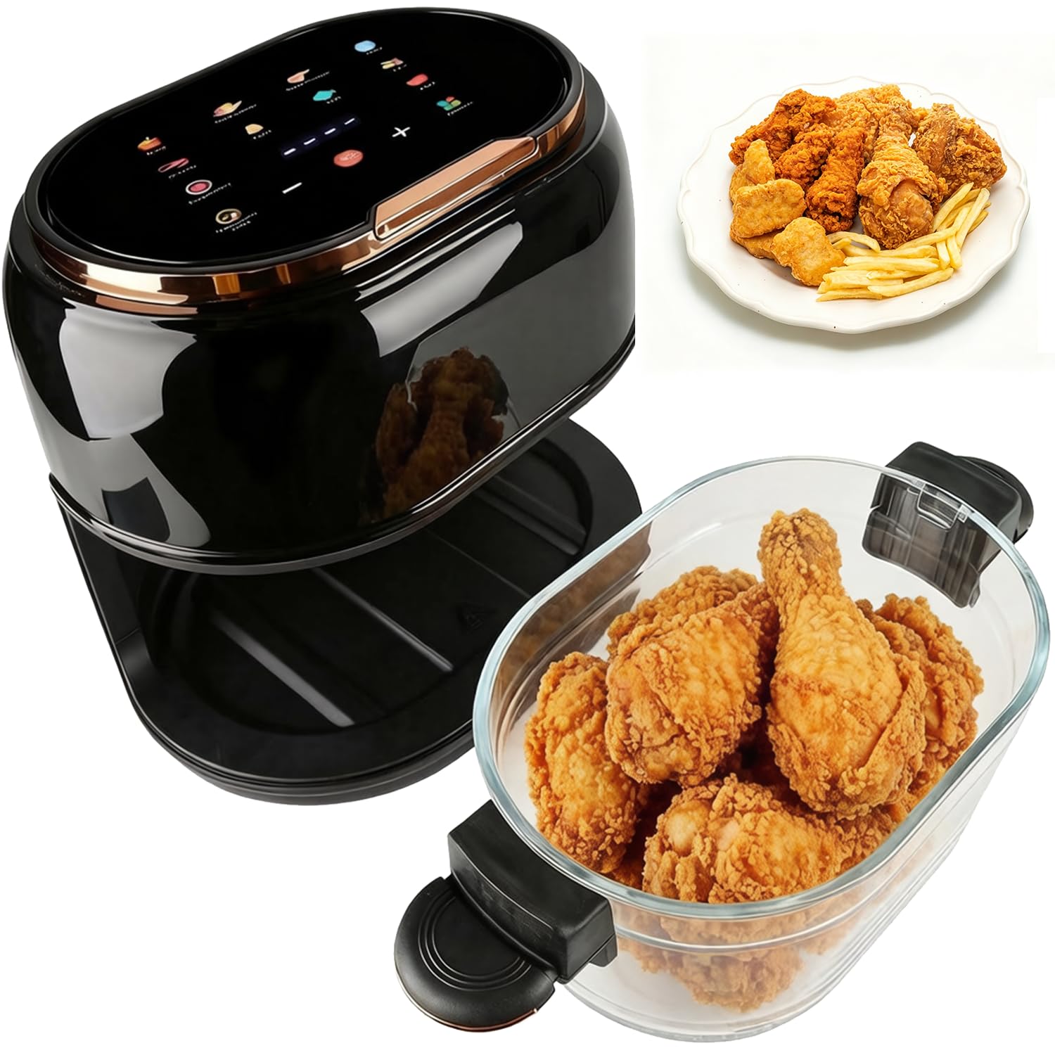 Heißluftfritteuse 4L Airfryer,1350W 9 in 1 Multifunktionalität Touchscreen Air Fryer mit Glaskorb&Sichtfenster&8 Smart Programme&24h Timer,Frittieren,Braten,Backen für Familie,Spülmaschinenfest BPA