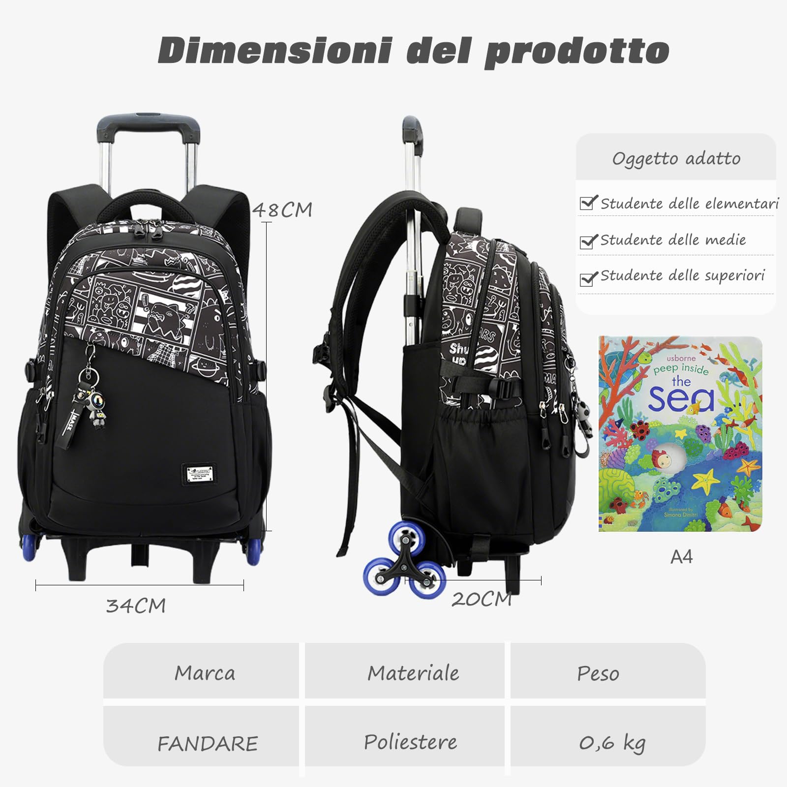 FANDARE 2-in-1 Zaino Trolley Scuola Sganciabile Nero Cartelle Zaini Elementare e Media da 35 Litri con 6 Ruote Doppio Uso Zaino con Carrello Fisso Zaini da Viaggio per Ragazza Ragazzo Adolescente