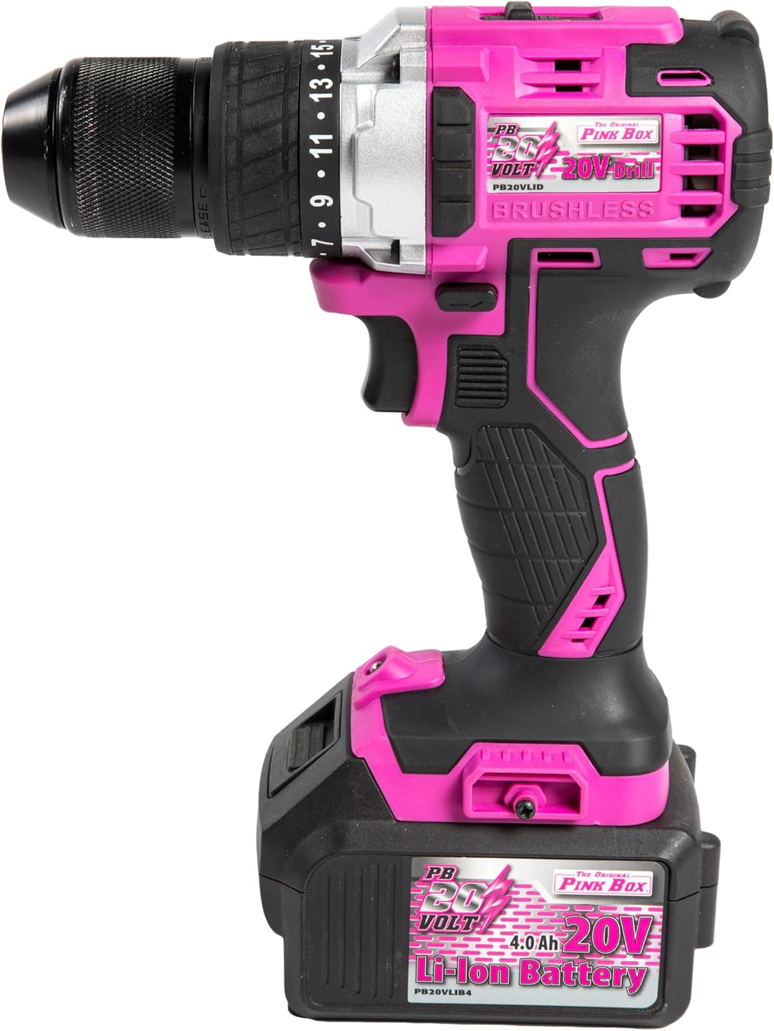 The Original Pink Box 20-Volt Lithium-Ion 1⁄2-Inch Keyless Chuck Brushless Cordless Drill with 4Ah Battery, Pink