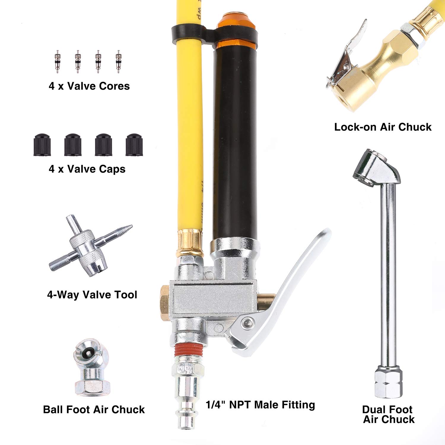Hromee 14 piezas Bayoneta inflador de neumáticos calibre Kit con 13 pulgadas manguera híbrida 6 pulgadas Dual Foot Air Chuck Quick Connect acoplador de válvula de neumático accesorios Ball Foot y