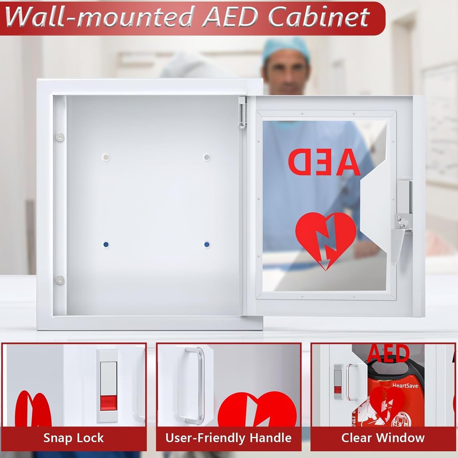 AED-Defibrillator-Schrank, AED-Defibrillator-Aufbewahrungsbox, Wandmontierter Herzdefibrillatorschrank, mit Schloss, einfach zu bedienen