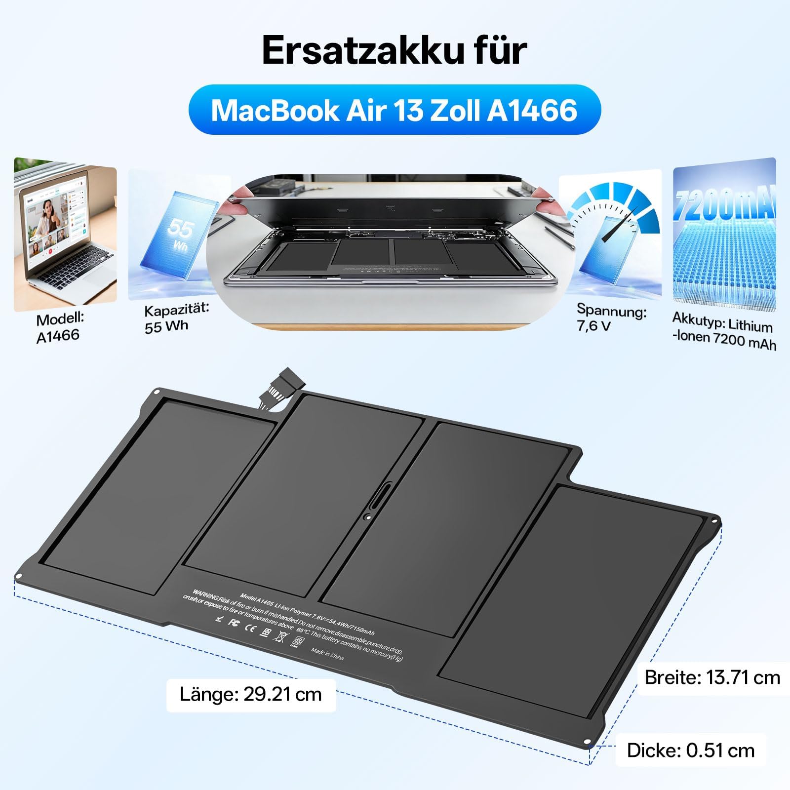 Batterie de Rechange pour MacBook Air 13" A1466 (2013-2017), 7150mAh, Batterie de Rechange Haute Sécurité avec Kit d’Outils