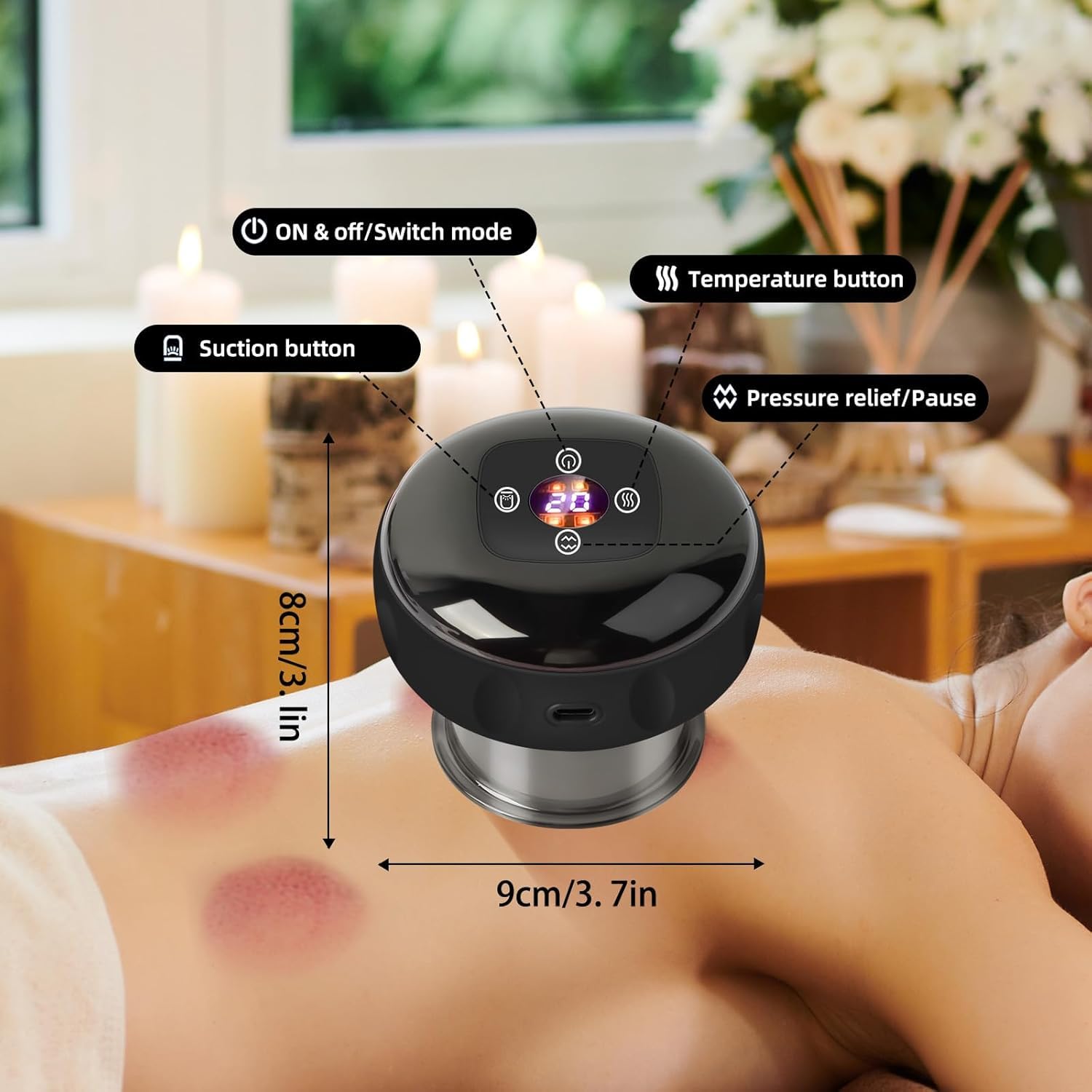 Ventosas Fisioterapia, Infrarrojos Vacumterapia Ventosa Electrica Masaje con 3 Cupping, 12 Etapas de Temperatura/Succión Conjunto ventosas Masajeador para Alivio del Dolor Relajación