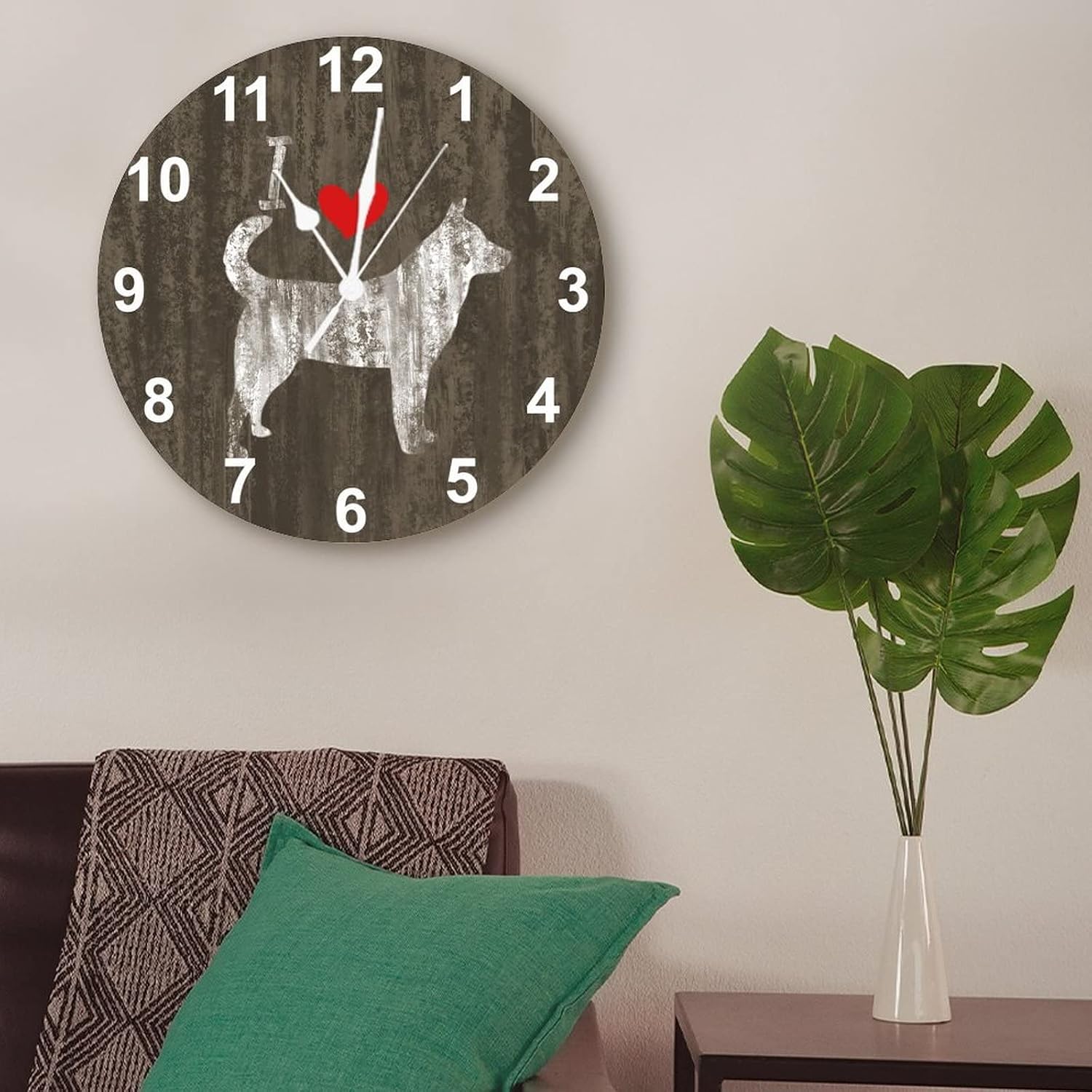 I Love Jindo Wall Clock Weathered Jindo Dog Mom Dad Large Wooden Wall Clocks Battery Operated 12 Inch Non-Ticking Farmhouse Wall Decor for Kitchen Bedroom Living Room Office Gifts for Dog Lover