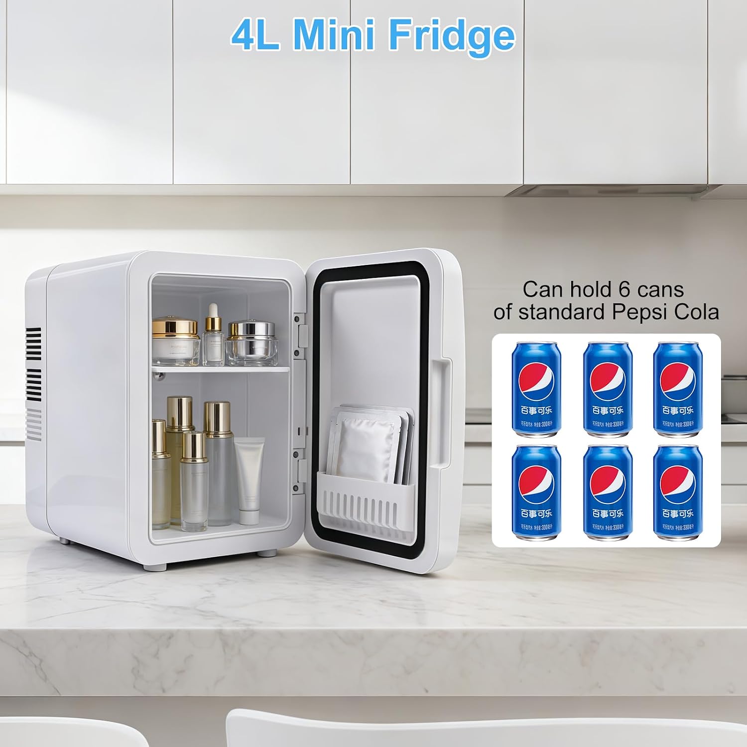 Mini Fridge, 4L/6 Can Portable Personal Refrigerator - Cooler and Warmer, Ideal for Car Use and for Skin Care, Cosmetics, Beverage, Food, Great for Bedroom, Office, Dorm