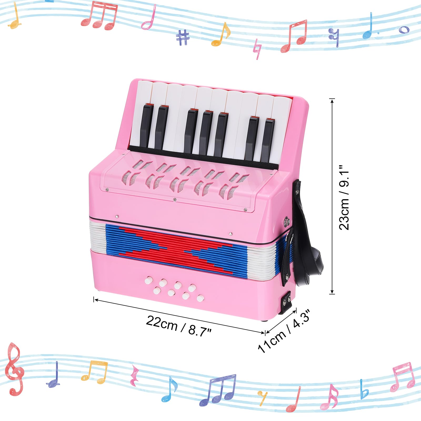 QUARKZMAN Accordion, 17 przycisków, 8 przycisków basowych, zabawka akordeonowa, mini instrument muzyczny, lekki, dla dorosłych, początkujących, do nauki, różowy