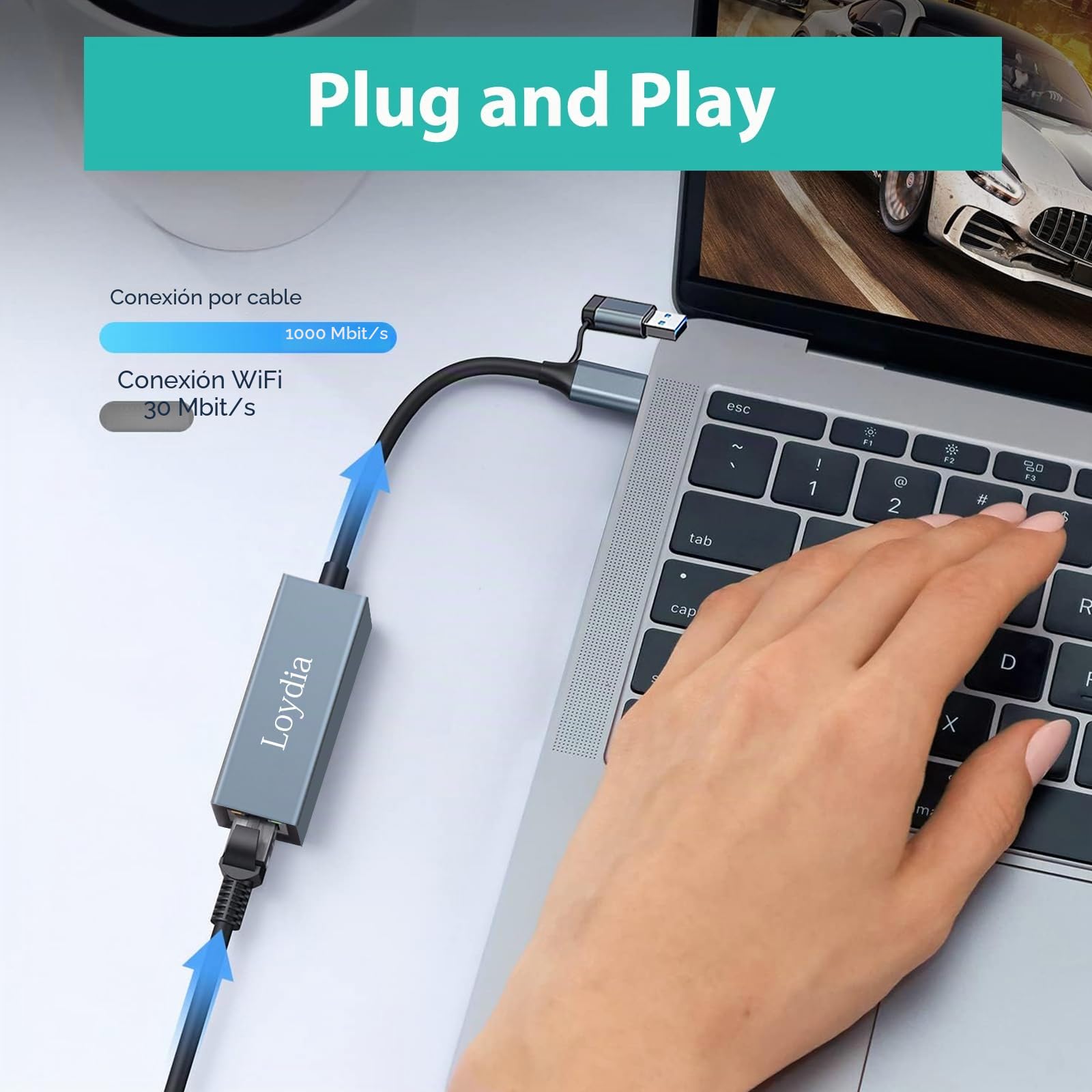 Loydia Adaptador USB C a Ethernet, Type-C a Gigabit LAN Ethernet Adaptador de Red USB 3.0 a Gigabit RJ45 ethernet 1000mbps para Laptop, MacBook, Huawei, Tablet