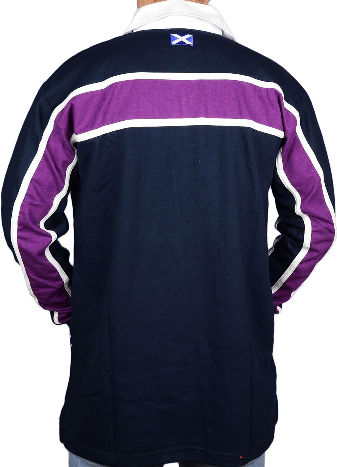 Scottish Mens Rugby Shirt Purple Stripe Long Sleeve Navy Size Large