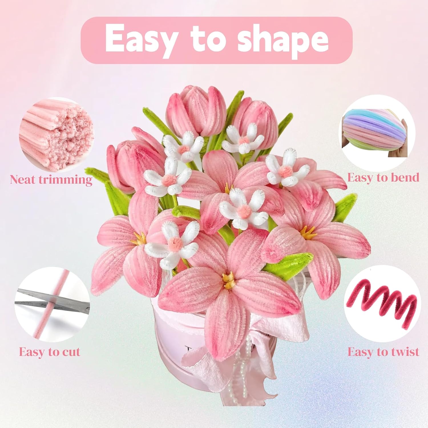 400 Pcs Pipe Cleaners Craft Set, 4 Assorted Pink Pipe Cleaners Flower Kit, 7MM Fluffy Chenille Stems for DIY Flower Making Kit with Floral Stems, Gardening Tape, Stamen for DIY Gift Decorations(Pink)
