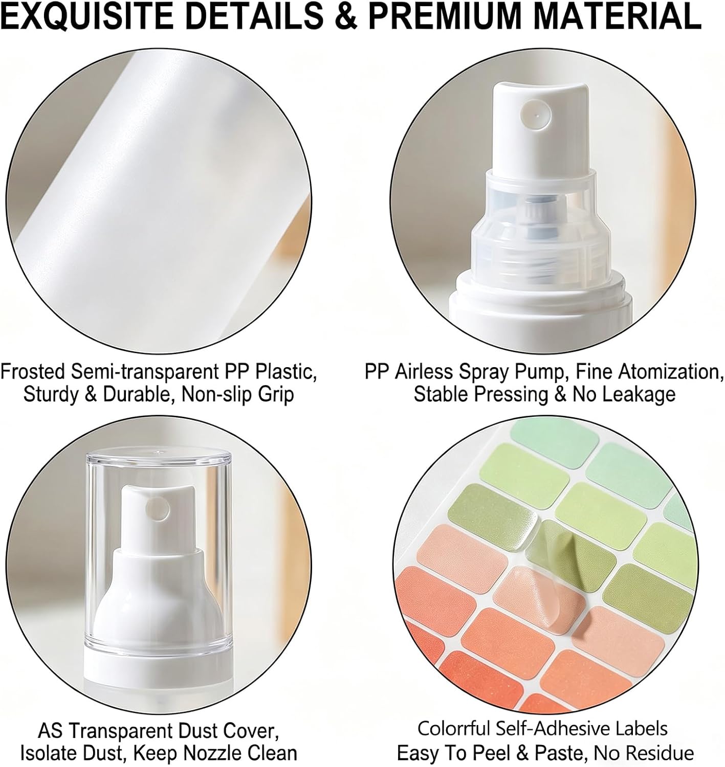 3 Pack 1oz/30ml Airless Plastic Spray Bottles, Strawless Fine Mist Travel Dispensers, Frosted Clear with Label Stickers for Toner Face Mist