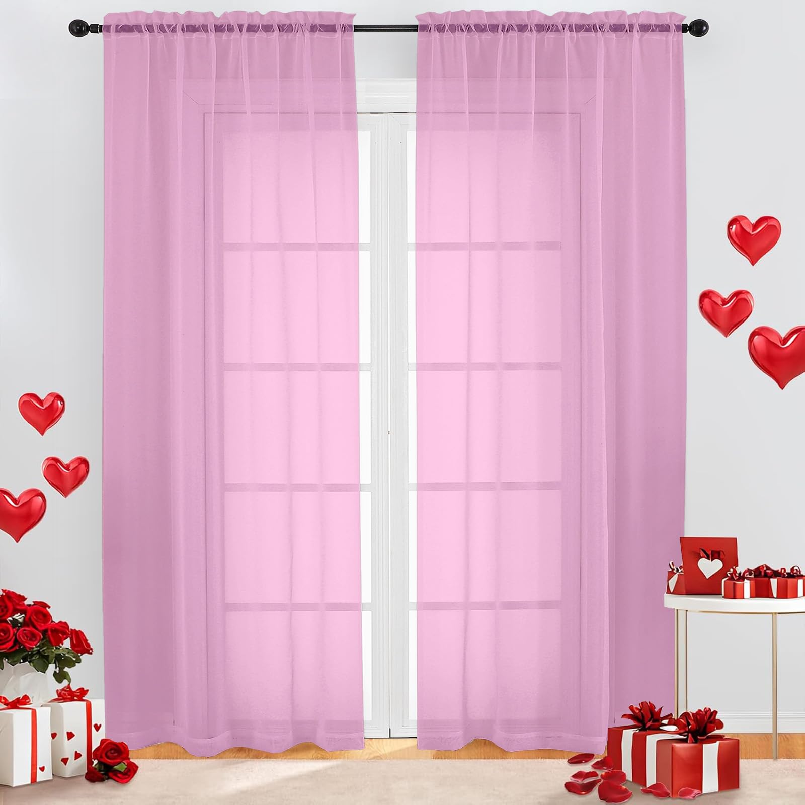 OWENIE Pink Sheer Curtains 96 Inch Length, Elegant Sheer Curtains for Bedroom, Window Voile Sheer Curtain Panels/Drapes/Treatment for Living Room, 2Pcs, Each 42" W x 96" L