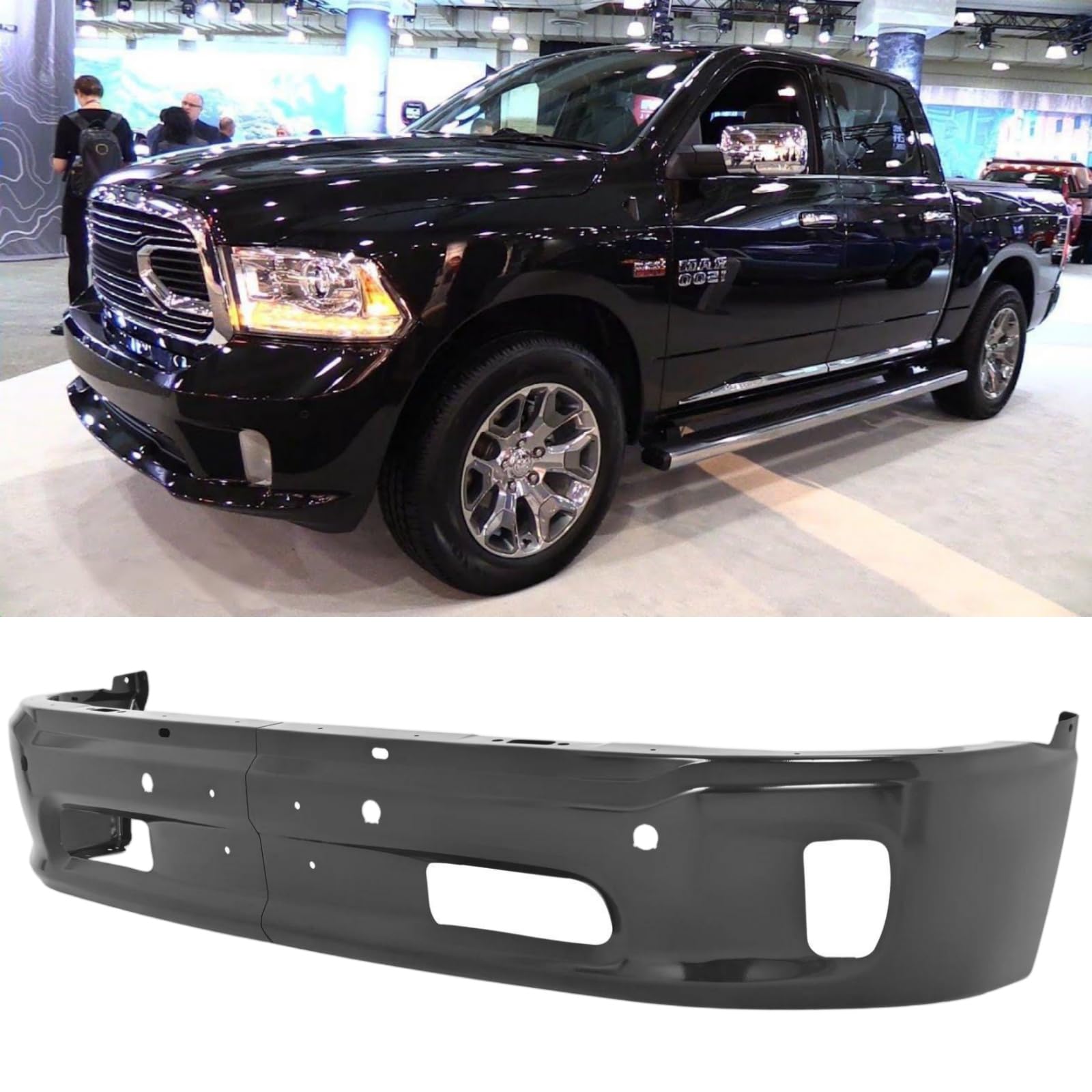 Front Bumper Compatible with 2013-2018 Dodge Ram 1500, Black Truck Automotive Steel Replacement Bumpers Face Bar, with Fog Light Holes & Sensor Holes (Style K)