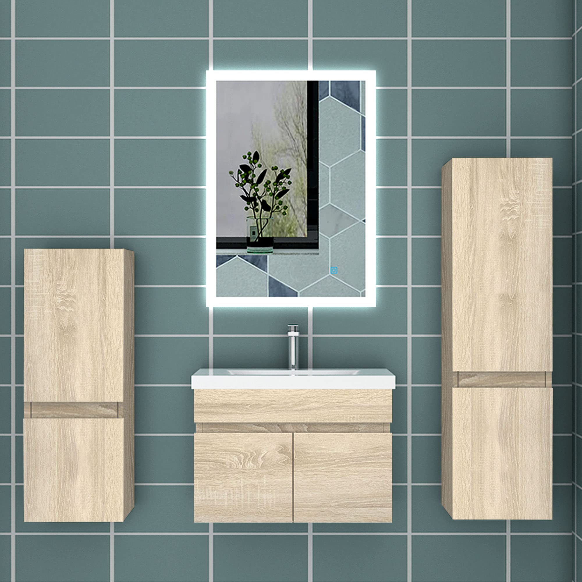Badezimmer Badmöbel 60 cm Waschtisch mit Unterschrank Hängeschrank Eiche