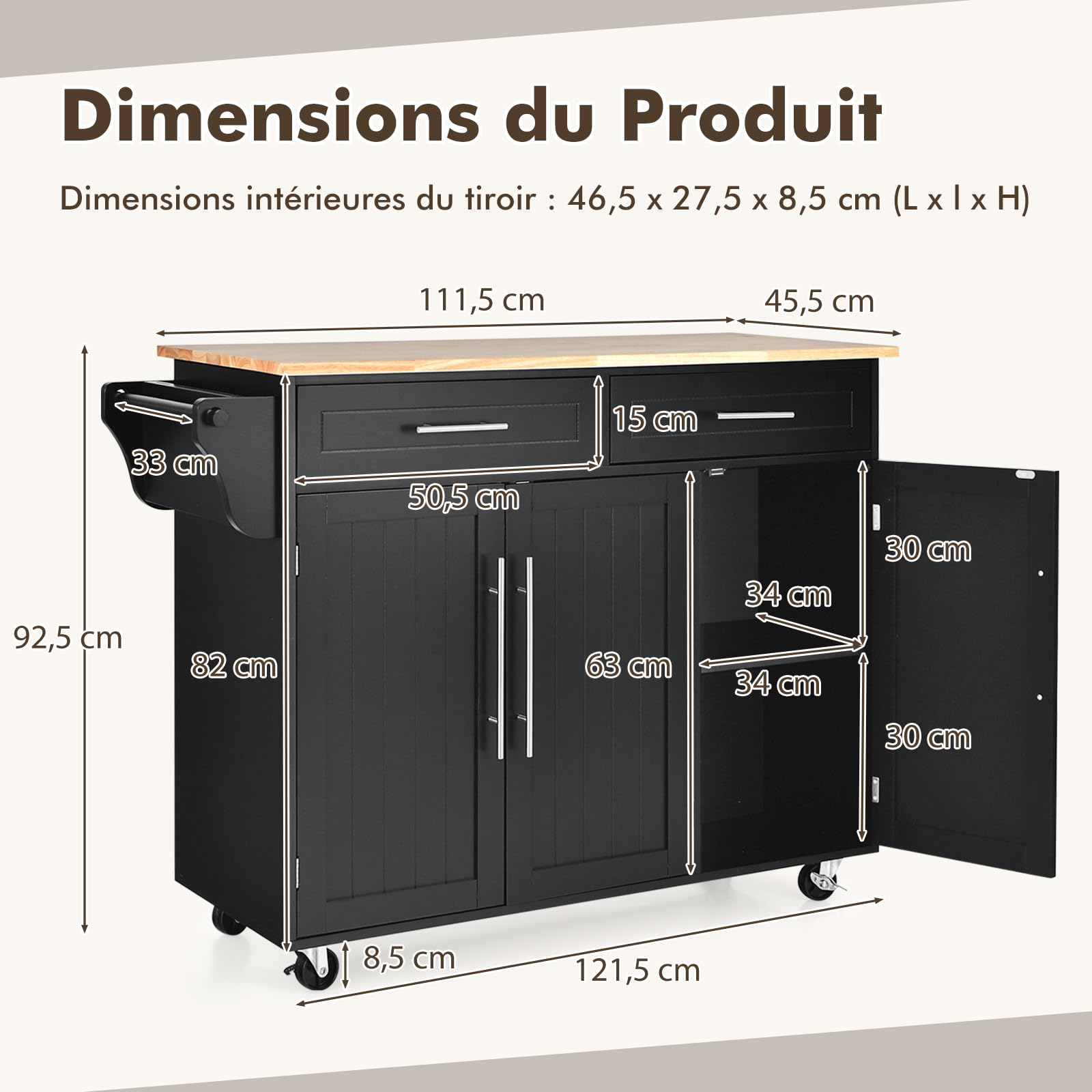COSTWAY Desserte de Cuisine à roulettes, Chariot de Service Imperméable avec 2 Tiroirs, Étagères Réglables, Porte-Serviettes, Couteau, 3 Portes, Poignée Inoxydable, 46 x 122 x 93 cm, Noir