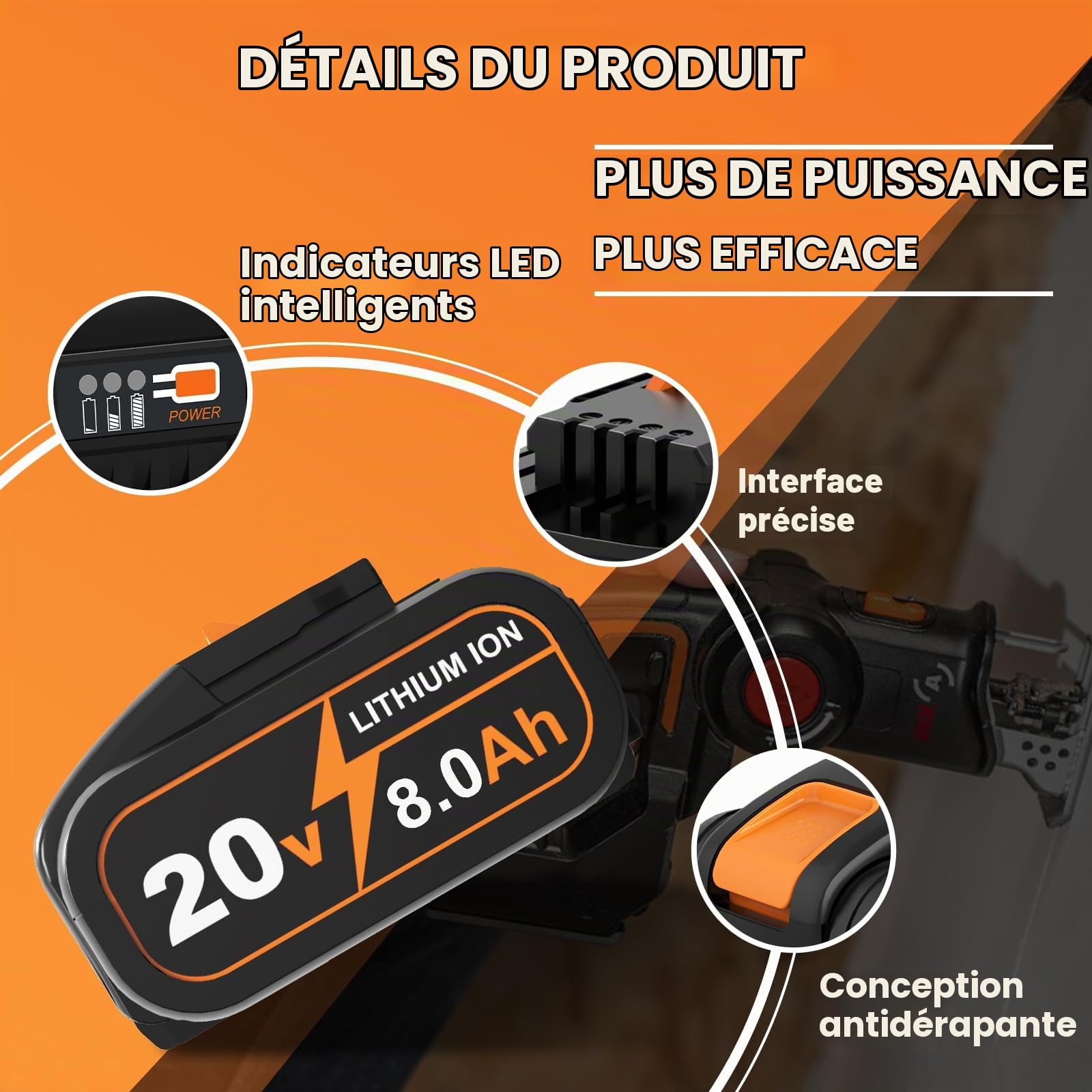 8,0 Ah 20V WA3525 Batterie de Rechange pour Worx, pour Outils électriques sans Fil pour Worx WA3572 WA3525 WA3760 WA3881 WX390 WX176 WX178 WU268 WX166.4 WX372.1 WX800 WG259E
