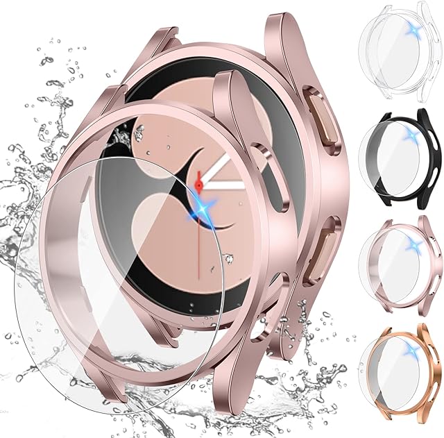 [4+4Pack] wlooo Samsung Galaxy Watch 4 Screen Protector and Case 44mm 40mm, Anti-Fog 4 Tempered Glass Protective Film + 4 Hard PC Bumper Cover Scratchproof Case Accessories for Galaxy Watch4 (40mm)