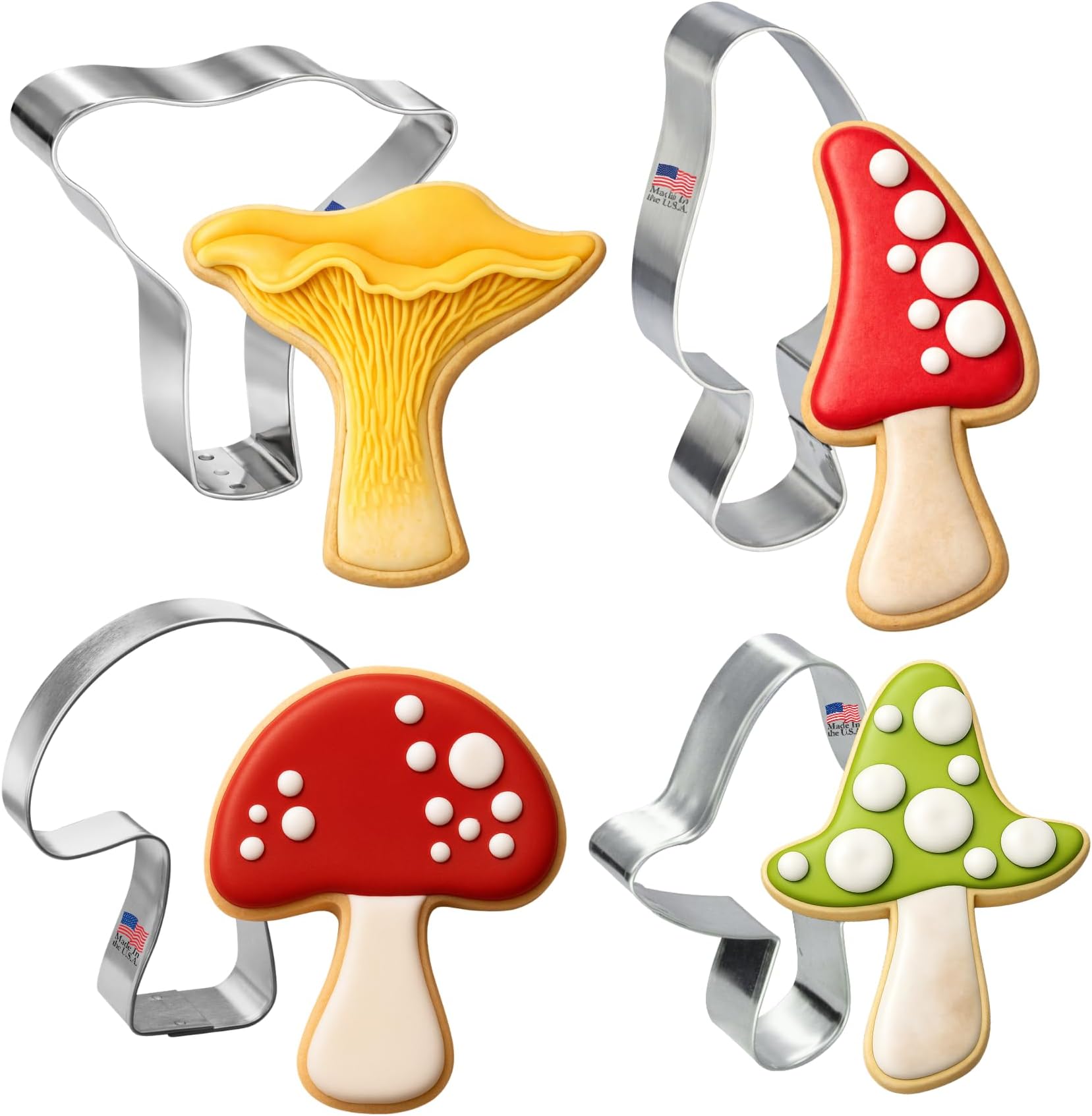 Foose Cookie Cutters Mushroom 4 Pc Set. USA Tin Plate Steel. 4 in Morel, 3.25 in Chanterelle, 3.25 in Shitake, and 3.25 in Button