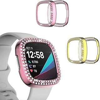 2-Pack Protective Case Case for Fitbit Sense/Versa 3 Cover, Bling Double Row Crystal Diamonds TPU Plated All-Around Bumper Frame Smartwatch Accessories (Pink Golden)