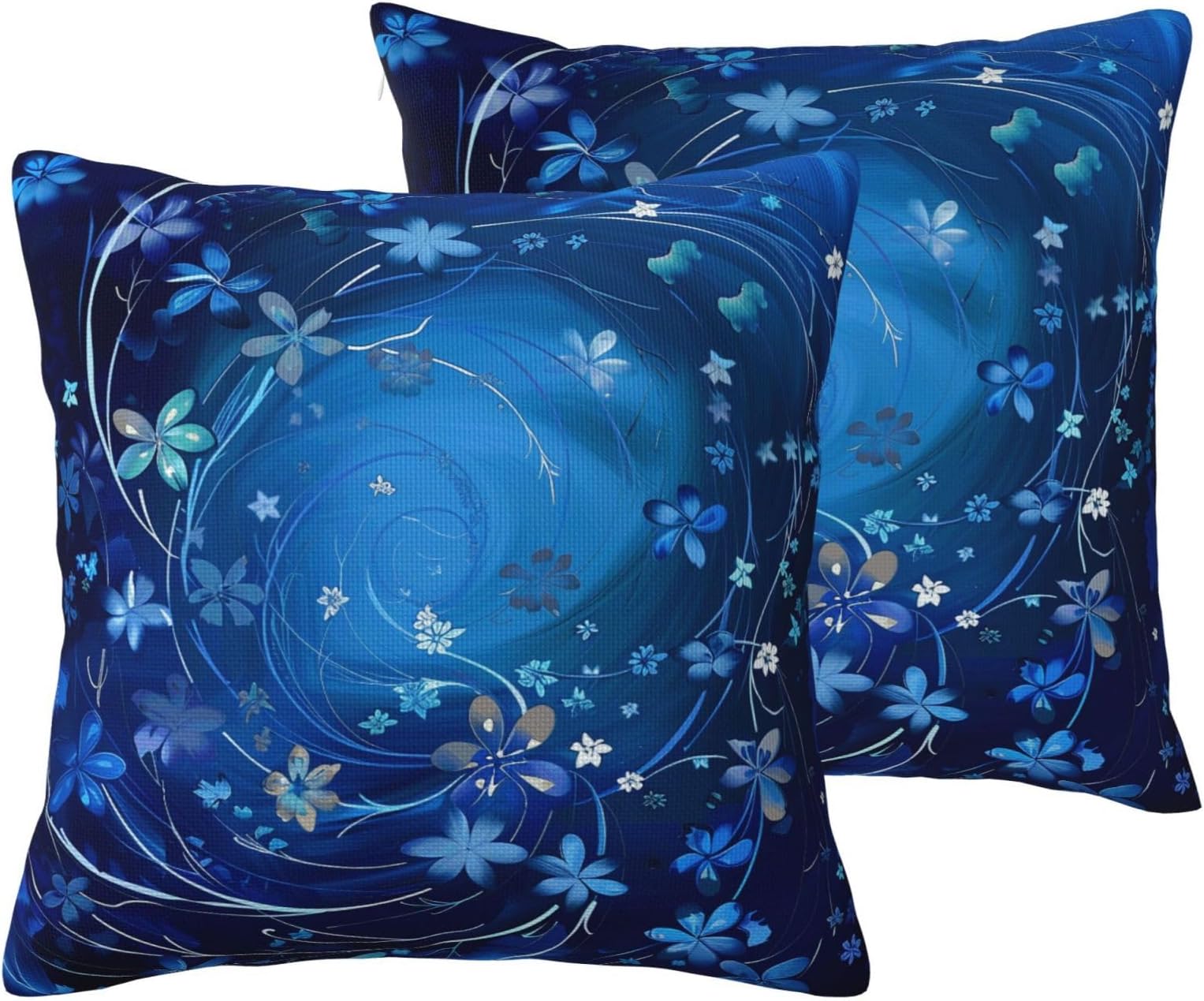 Blue Mini Flower Swirl Print Pillowcase 60x60 CM Set 2 Pack Linen-Look Square Pillow Covers Cushion Cover for Sofa, Bed, Living Room, Garden & Office Decor