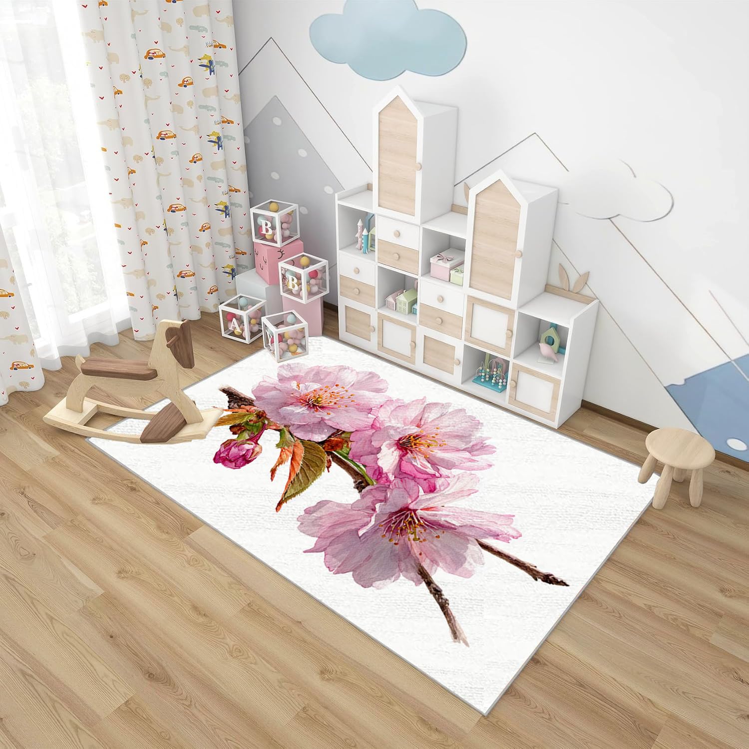 Tapis de Salon Imprimé Coloré Fleurs de Cerisier en Poudre pour Salon, Chambre, Bureau(Rose pâle)-90x120cm
