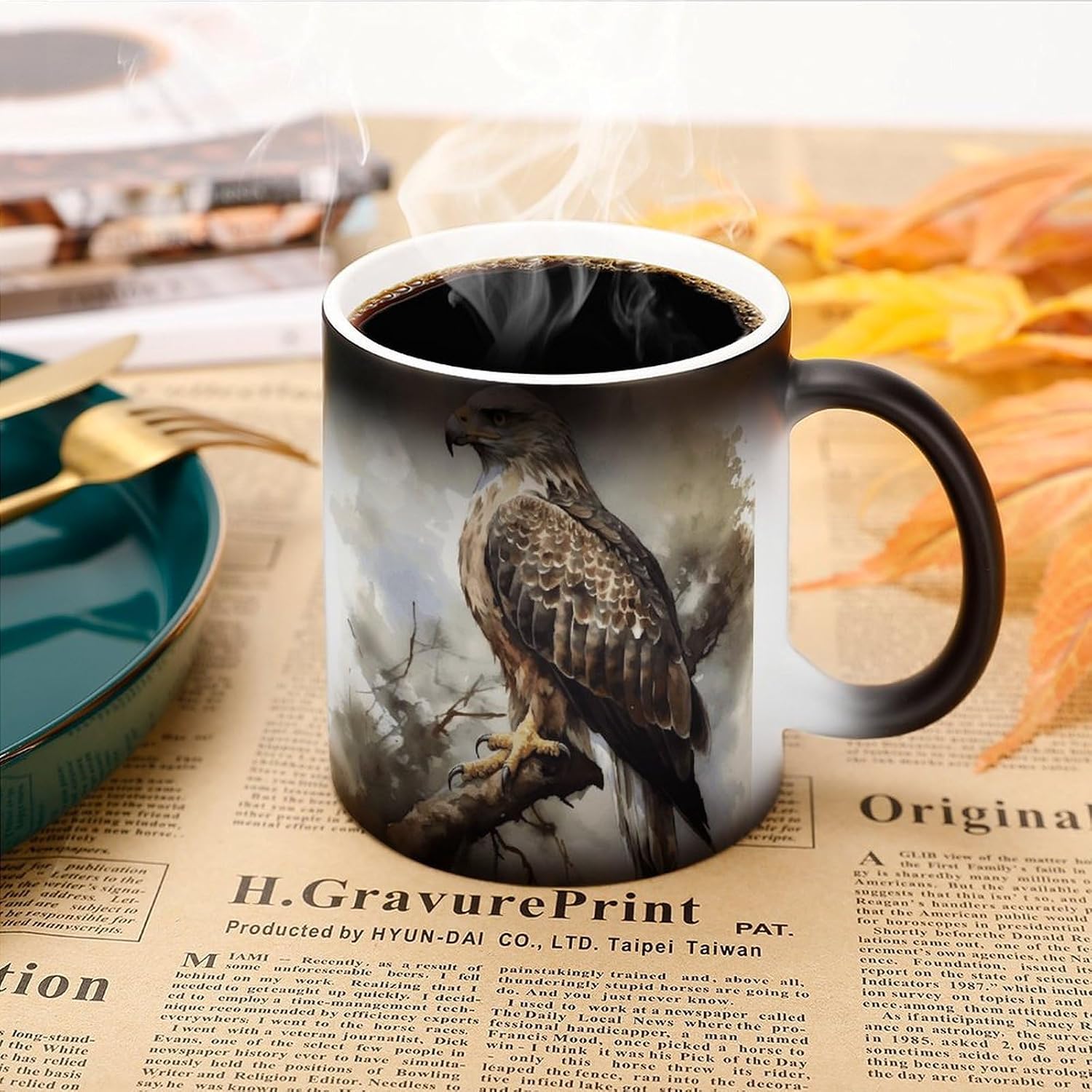 Watercolor of Hawk Sitting in The Tree Mug Personalized Ceramic Discoloration Coffee Mug Heat Sensitive Color Changing Cup Print Large Handle Design Daily Office And Home Use 12 OZ/350 ML image 3