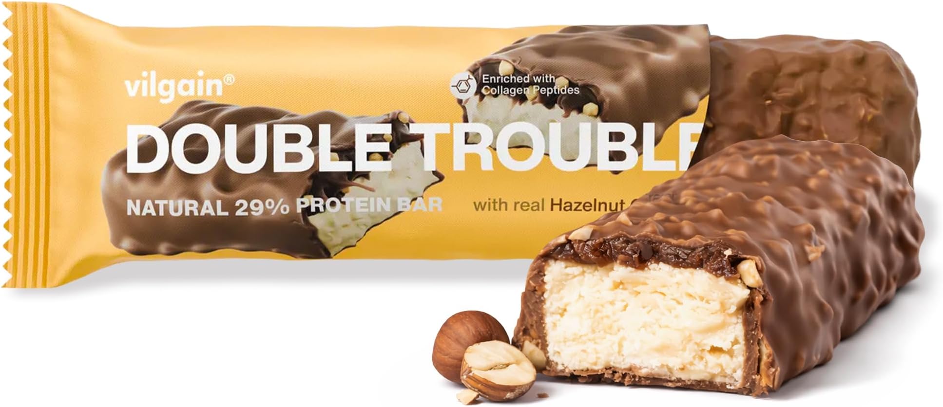 Double Trouble Protein Bar (55g) Hazelnut Cream – Two-layer nut bar with 16g of protein & stevia sweetness, Bar ideal for muscle building & snacking