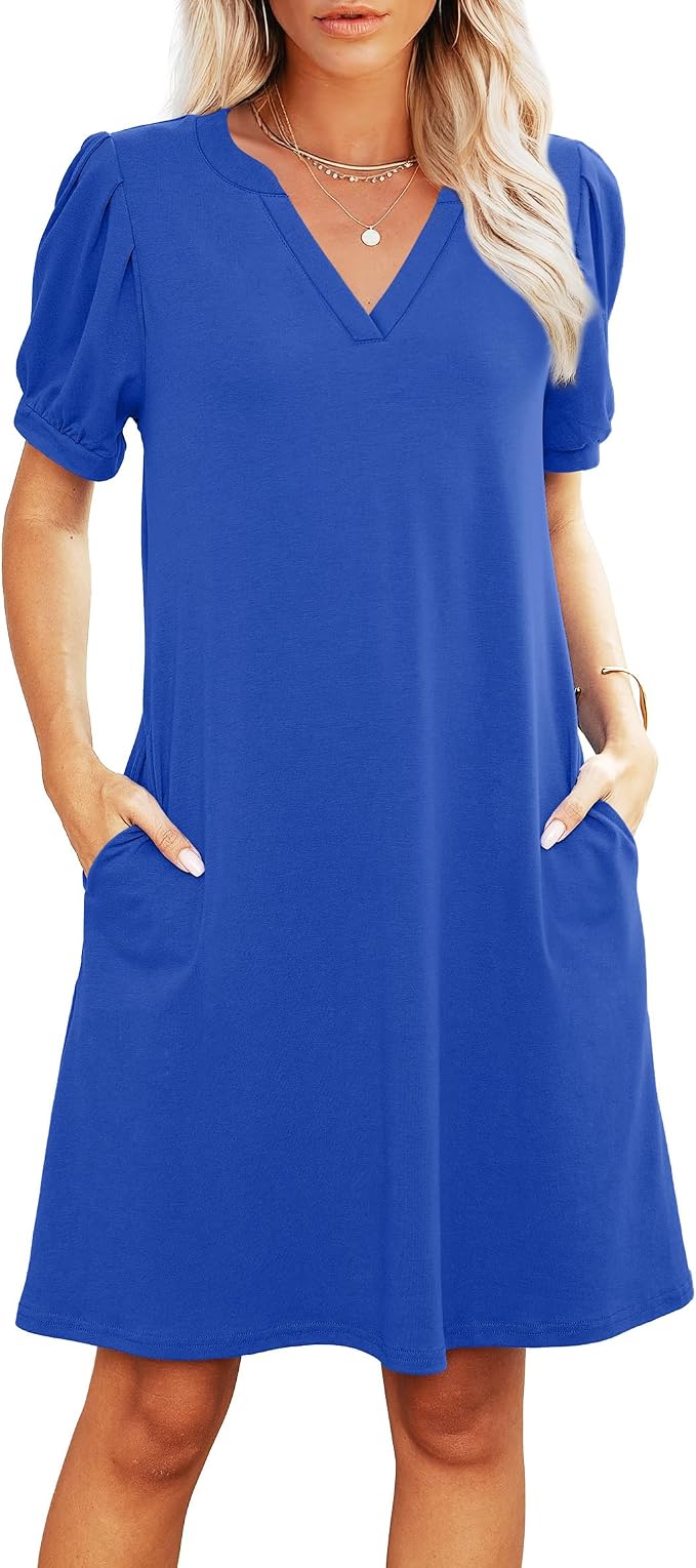 RUMIA Summer Casual Sundress for Women Short Sleeve Beach Dress with Pocket | V Neck Vacation Dress