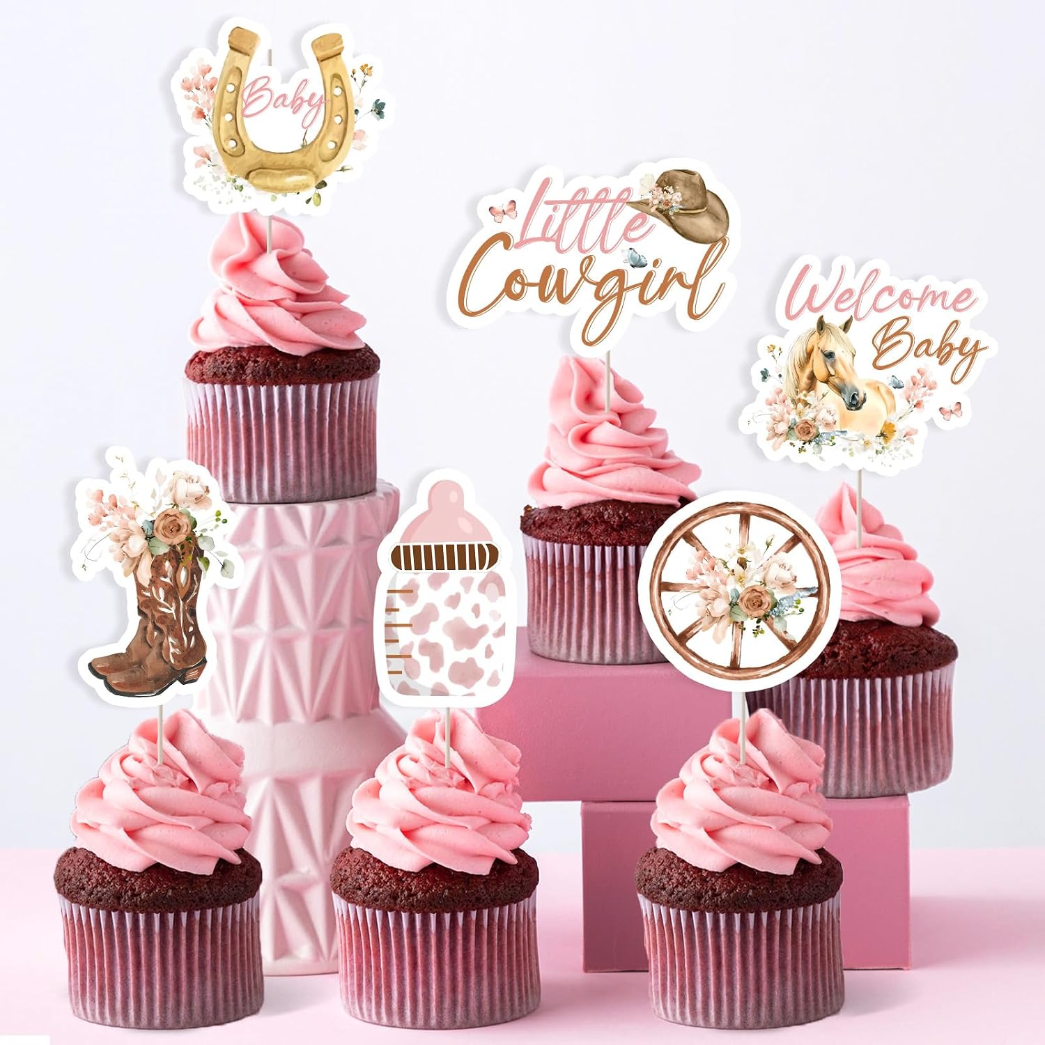 24 Pcs Little Cowgirl Baby Shower Cupcake Toppers - Pink Brown Western Decorations, Double Sided Wild West Cake Decor for Pregnancy Celebration Newborn Party