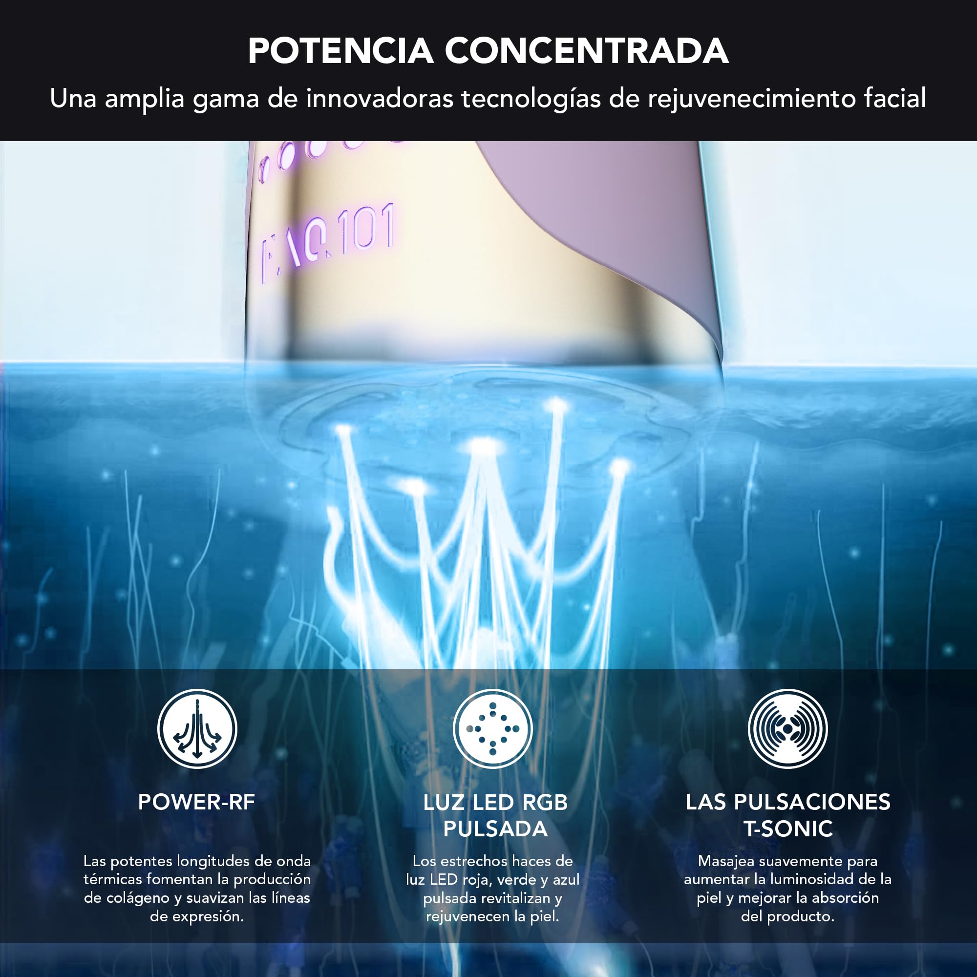 FOREO FAQ 101 Amethyst, Piel reafirmada por radiofrecuencia, Rejuvenecimiento facial RF y fototerapia 3 led, Antiedad, Masajeador facial T-Sonic, Cuidado antiarrugas, App, Terapia de luz roja