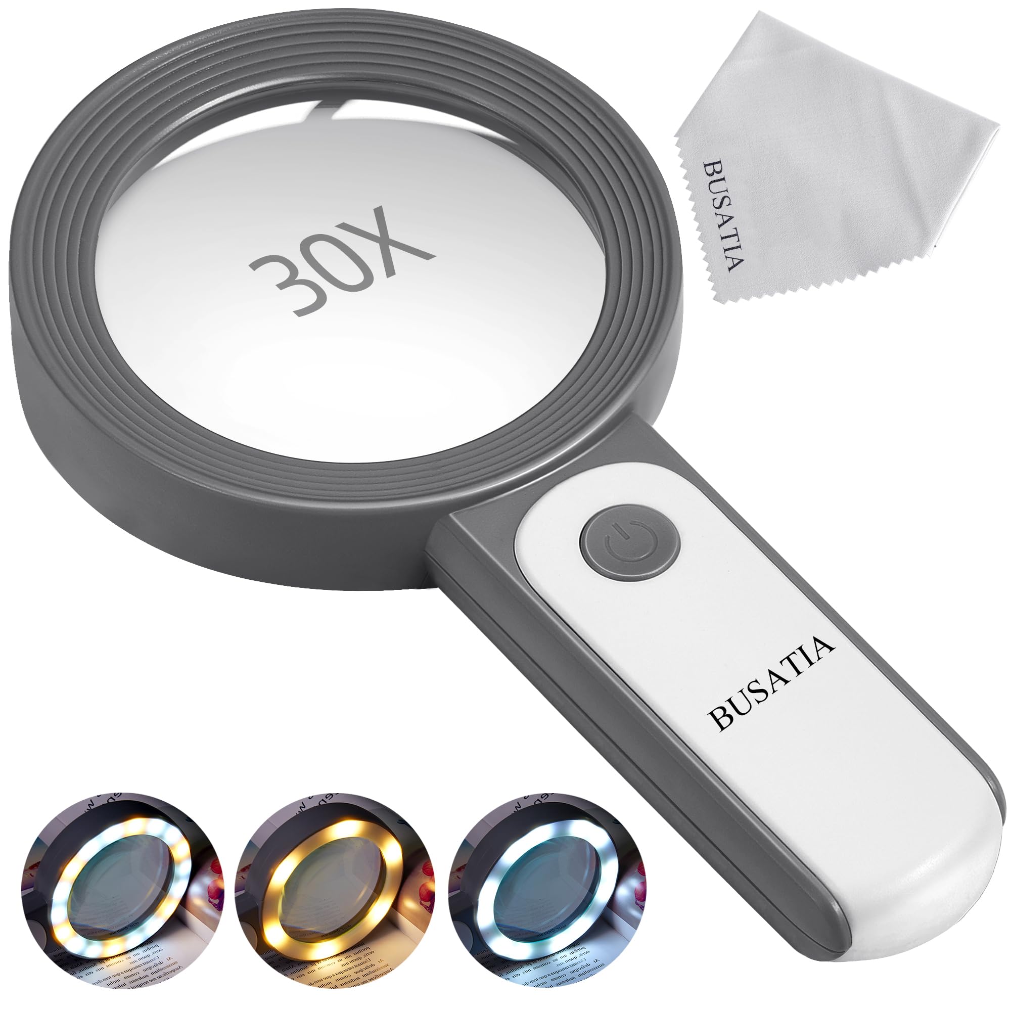 Busatia Light Magnifying Glass 30X, 18Led Handheld Large Magnifying Glass With 100Mm/4In Glass Magnifier With 3 Modes, Illuminated Magnifying Glass For