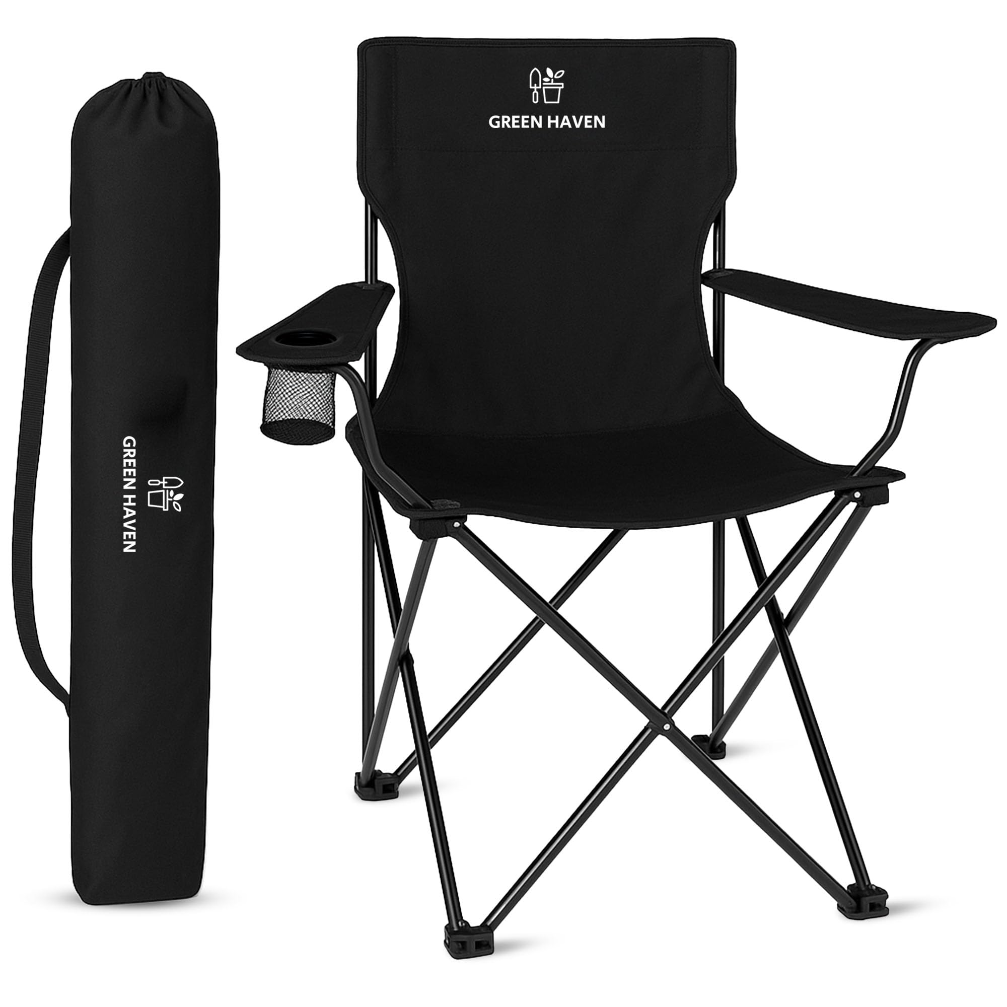 Green Haven Folding Camping Chair with Cup Holder & Carry Bag – Lightweight Portable Outdoor Chair, Heavy Duty Steel Frame, Padded Headrest, Wide Seat for Camping, Festival, Garden, Fishing