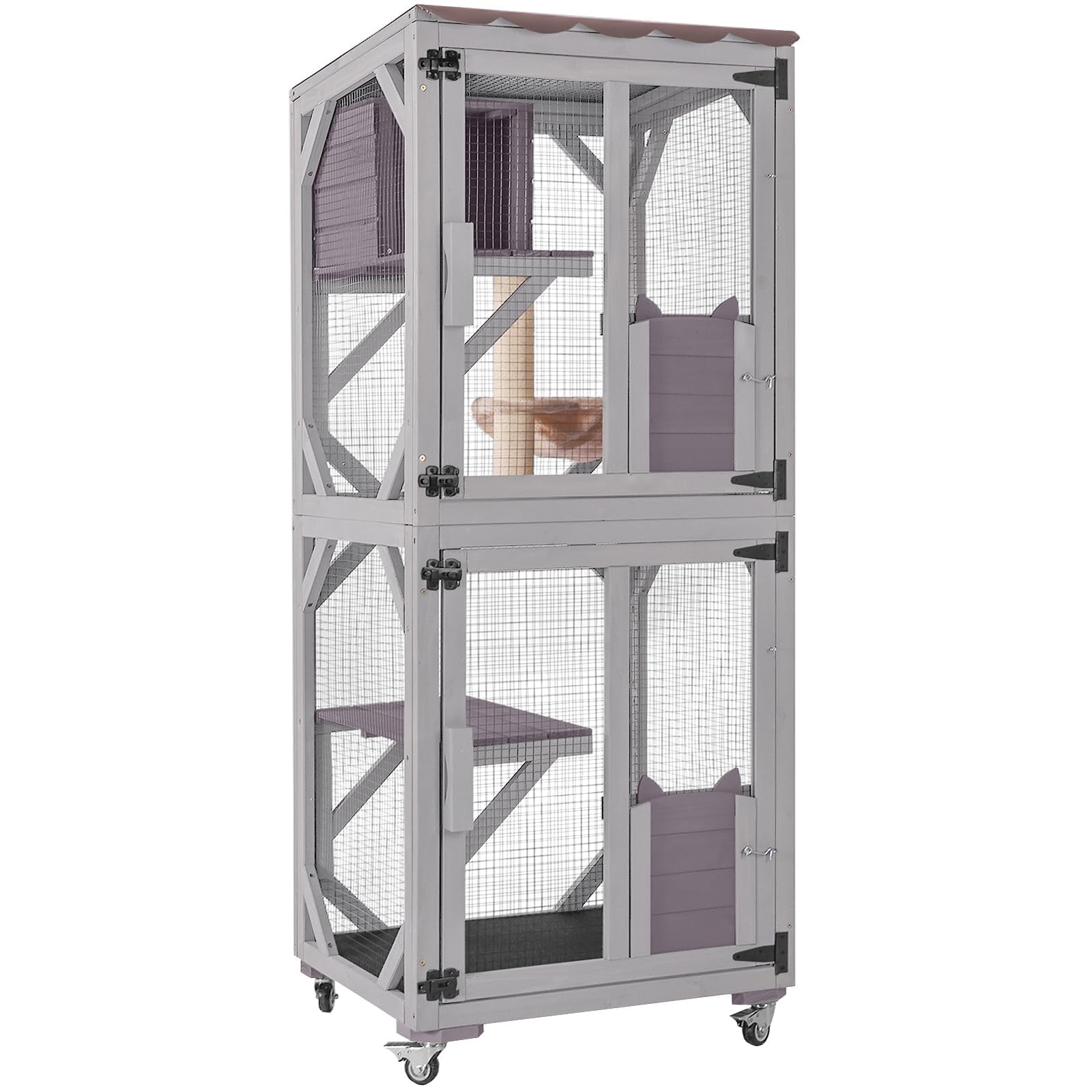 X-ZONE Cat Catio Niche d'extérieur mobile pour chat sur roues avec boîte de repos, housse imperméable gris moyen 62x59,5x159,5 cm