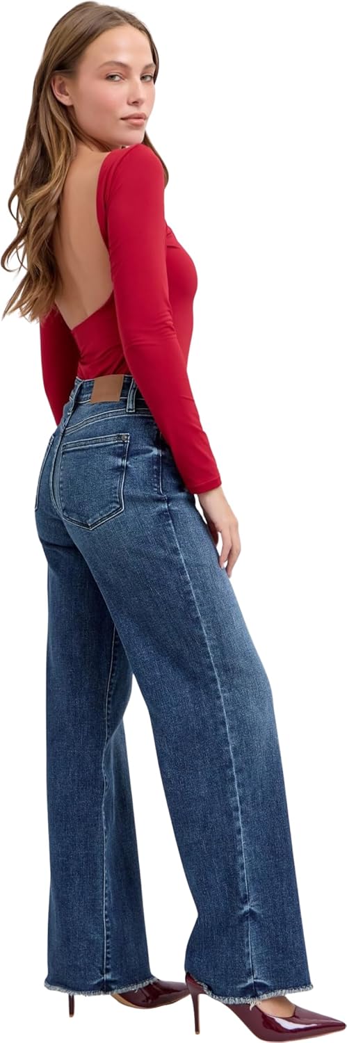 Judy Blue Women's Mid-Rise Tinted Wide Leg Jeans with Frayed Hem (Dark Blue 82640, 5) - Image 5