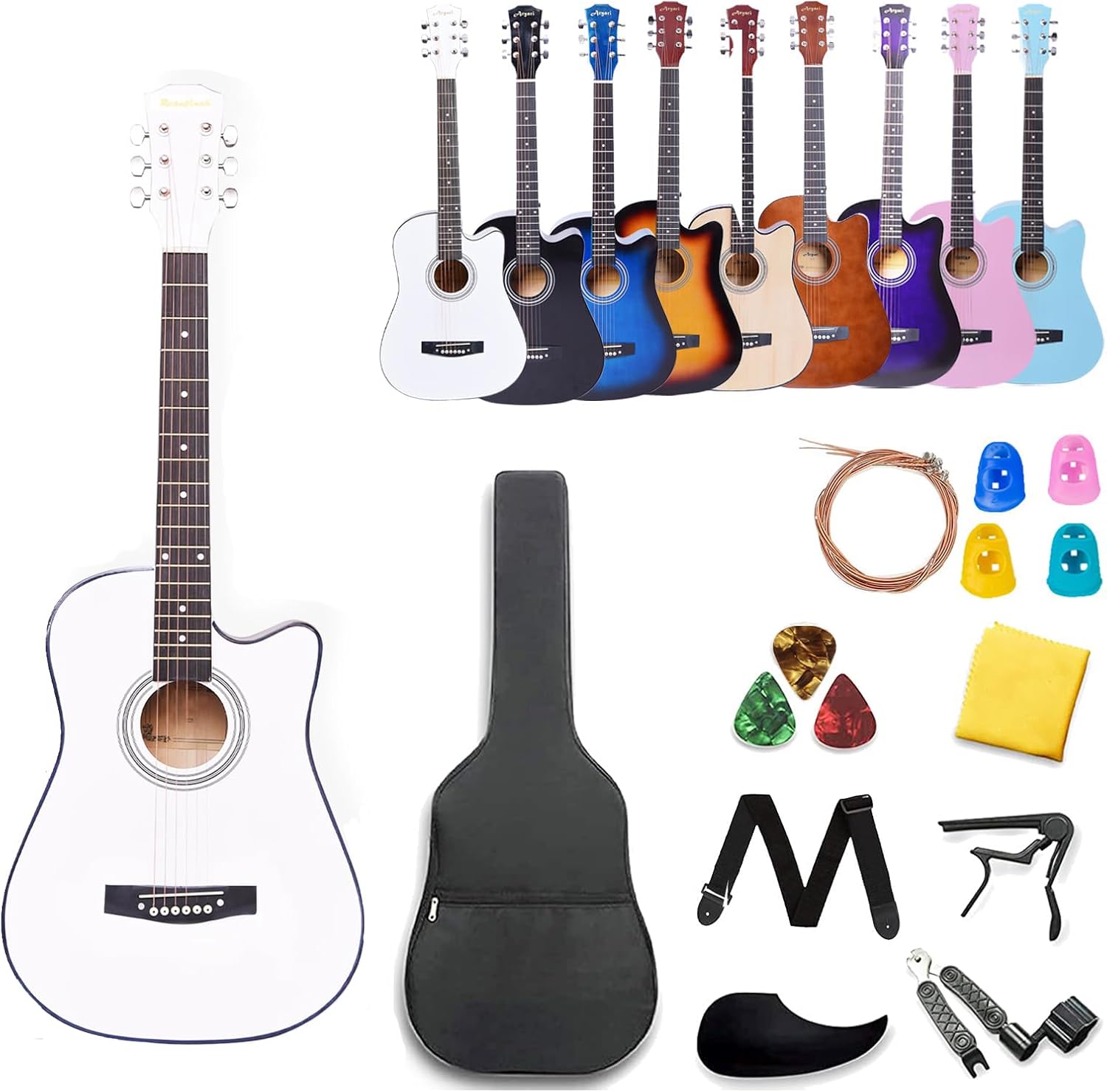 Rosefinch 38 inch Acoustic Beginner Guitar 3/4 Size Basswood Glossy Folk Guitar Starter Kits W/Bag Picks Capo Strap Steel Strings 38 inch White 3/4 38'' White
