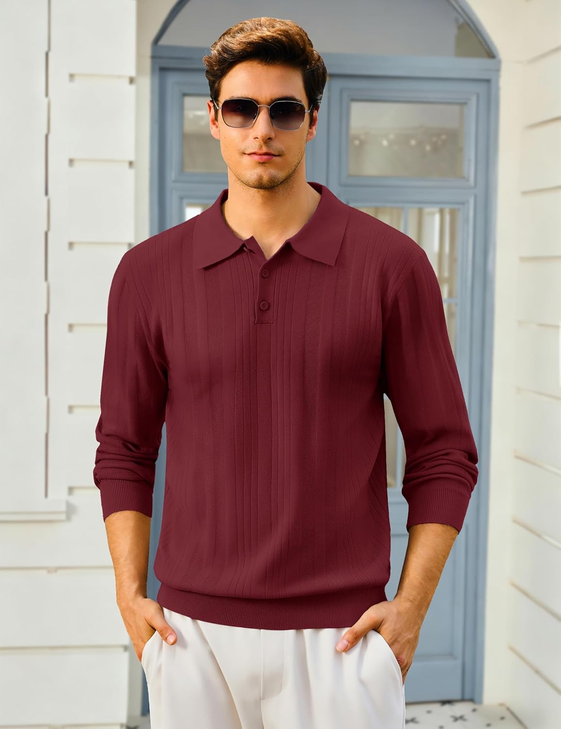 Cotrasen Mens Knit Polo Sweaters Long Sleeve Polo Lightweight Casual Button Dress Collar Pullover Cozy Textured Sweaters - Image 3