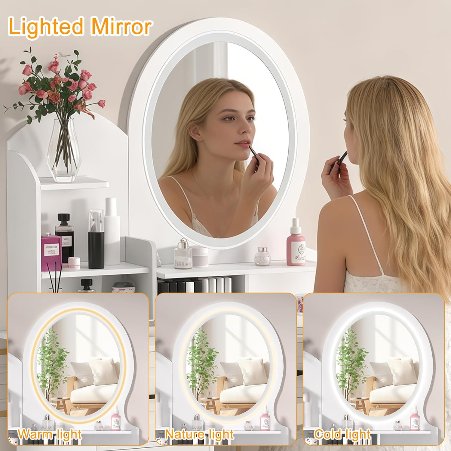 Small Makeup Vanity Desk with Mirror, Kids Vanity Table with 6 Opening Shelves, 4 Drawers, Makeup Vanity Table with Light, Bedroom Dressing Table Cheap Vanity (White Round)