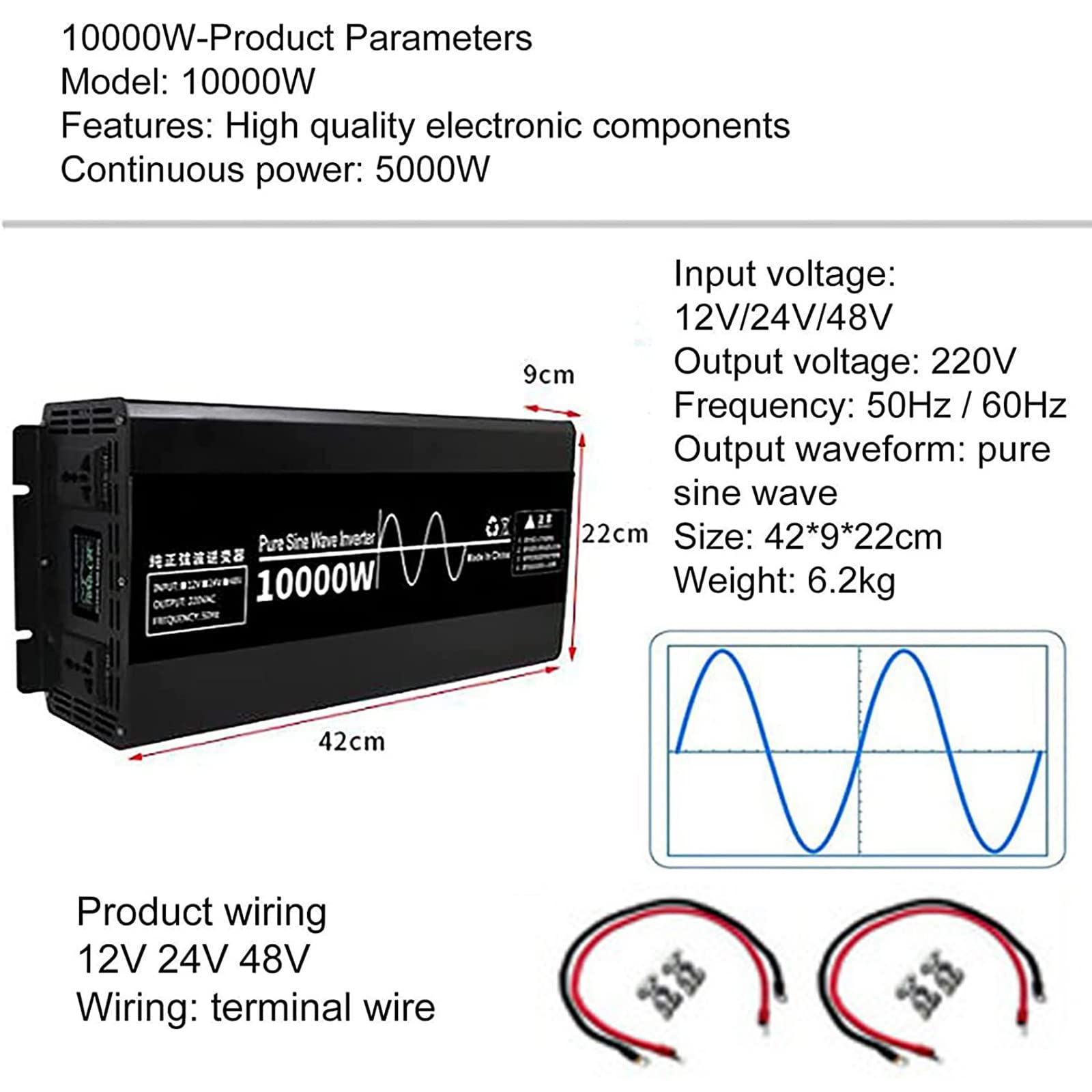 Przetwornica Czystej Fali Sinusoidalnej 12V/24V/48V Na 220V/230V Przetwornica Samochodowa Mocy Z Wyświetlaczem Lcd 2 Gniazda Ac Do RV łodzi,Kempingów,Gospodarstw Domowych,10000W-24V