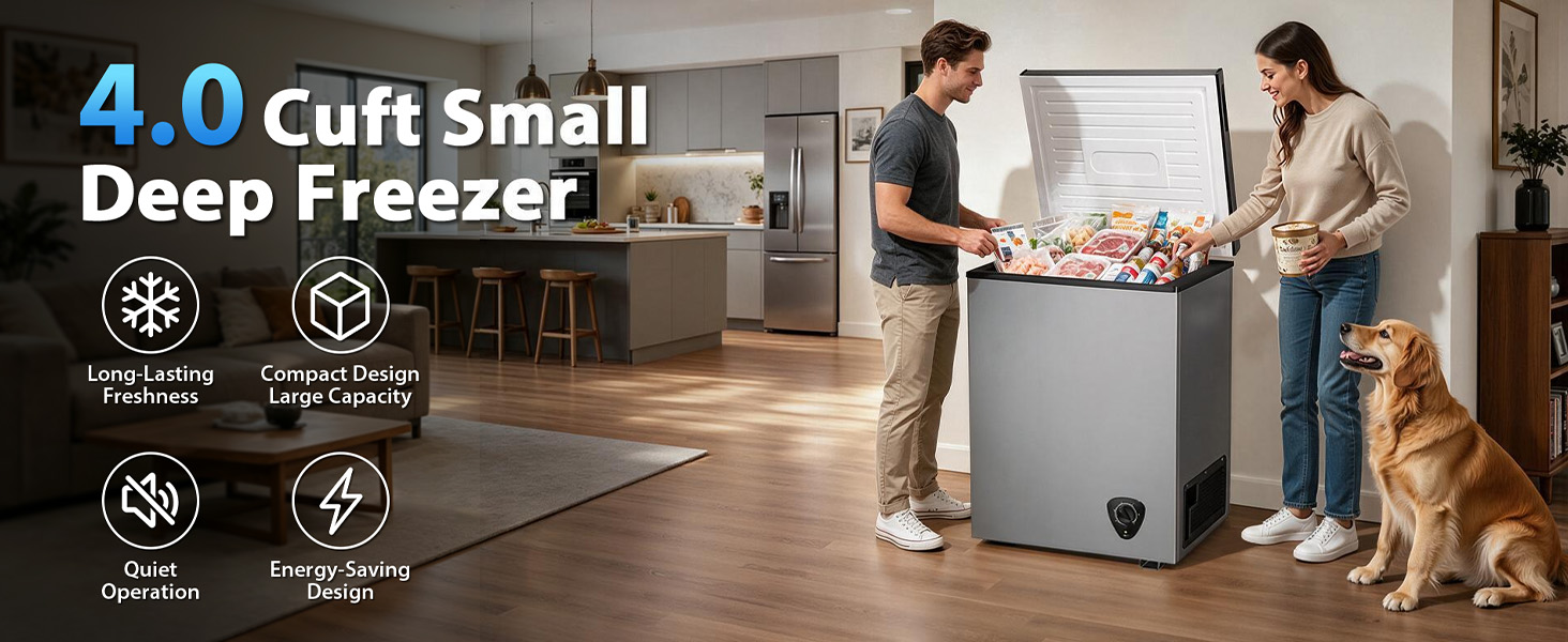 Image of 4.0 Cu.Ft Chest Freezer - 7-Temp Adjustable Deep Freezer, Ultra Quiet, Energy Saving, Removable Basket, Compact Small Deep Freezer for Apartments /Garage /Office /Kitchen, Gray