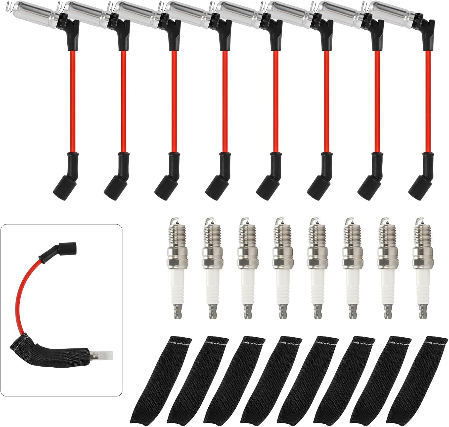 Iridium Spark Plugs 41-110 & Spark Plug Wires M8-48322 & Plug Wire Heat Shield Sleeve Compatible with Chevy Silverado Suburban Express Cadillac Escalade GMC Yukon Sierra 5.3 6.0L 6.2L V8 (Set of 8)