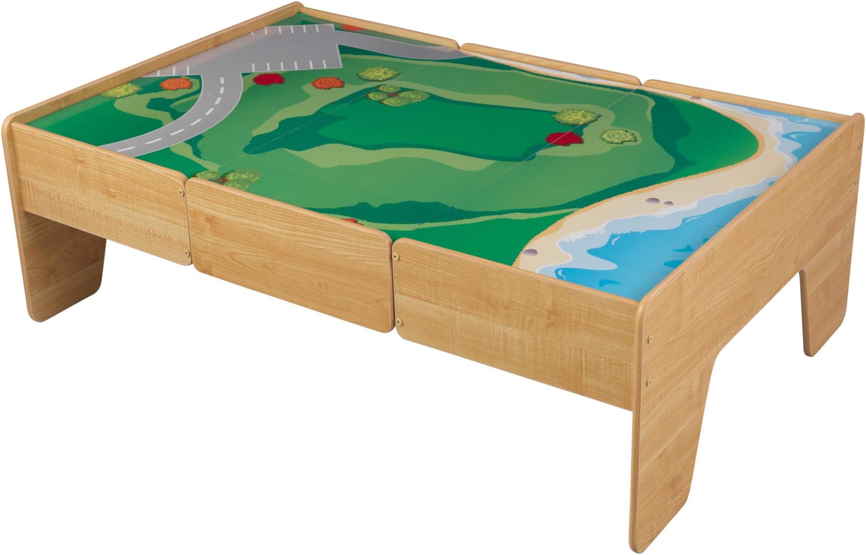 Double-Sided Wooden Train and Activity Table with Built-in Storage Drawer, Natural, Gift for Ages 3+