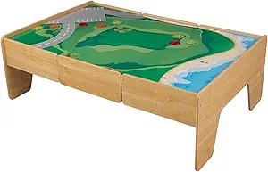KidKraft Double-Sided Wooden Train and Activity Table with Built-in Storage Drawer, Natural, Gift for Ages 3+