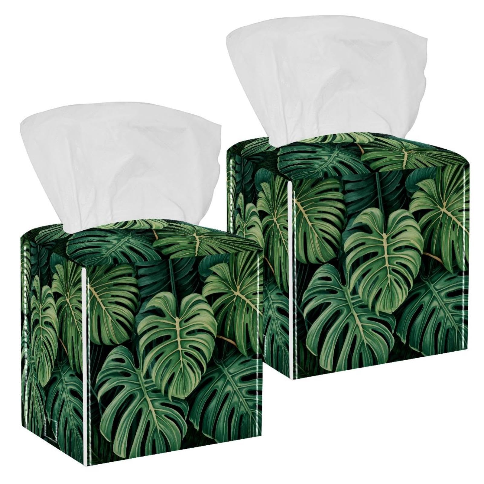 Tropical Palm Tissue Box Cover, 2 Pack PU Leather Square Facial Tissue Dispenser Box holder for Home Office Car